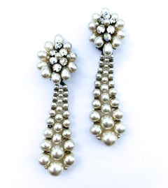 Elegant very long paste and paste pearl drop earrings, Louis Rousselet, 1950s.