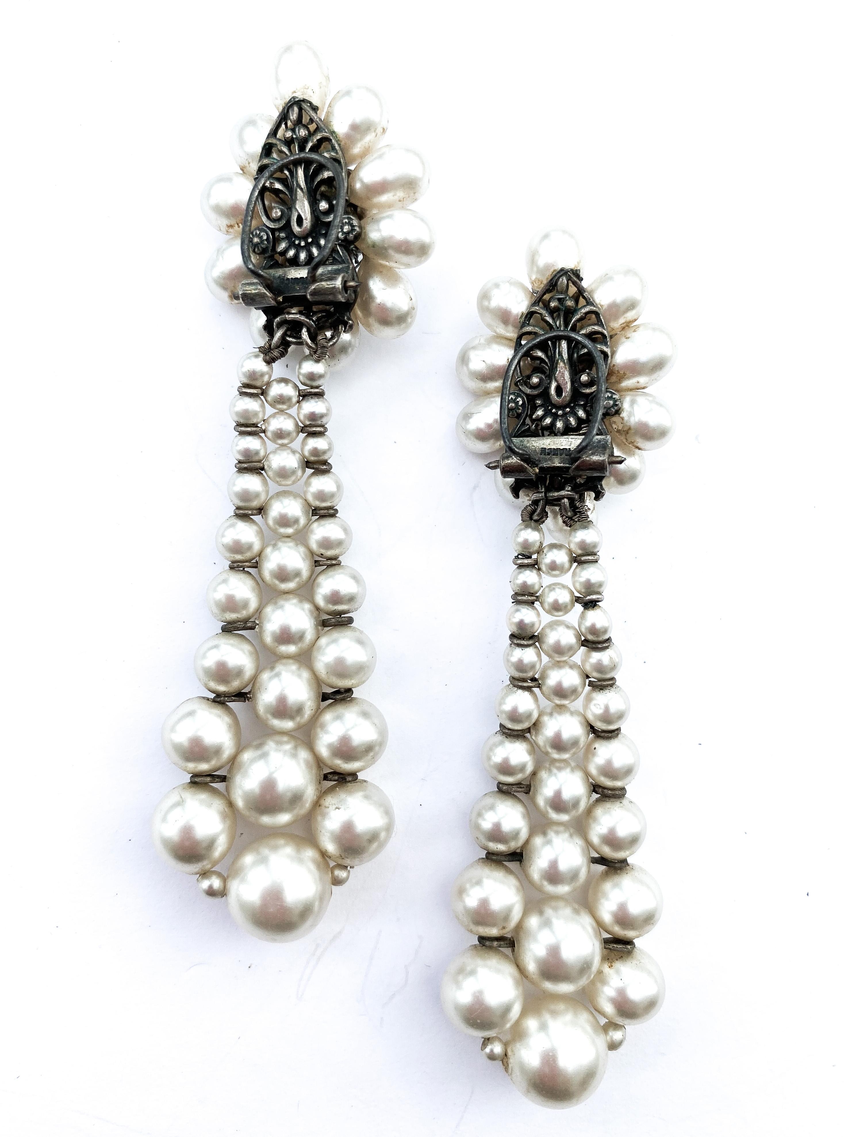 Elegant very long paste and paste pearl drop earrings, Louis Rousselet, 1950s. In Excellent Condition In Greyabbey, County Down