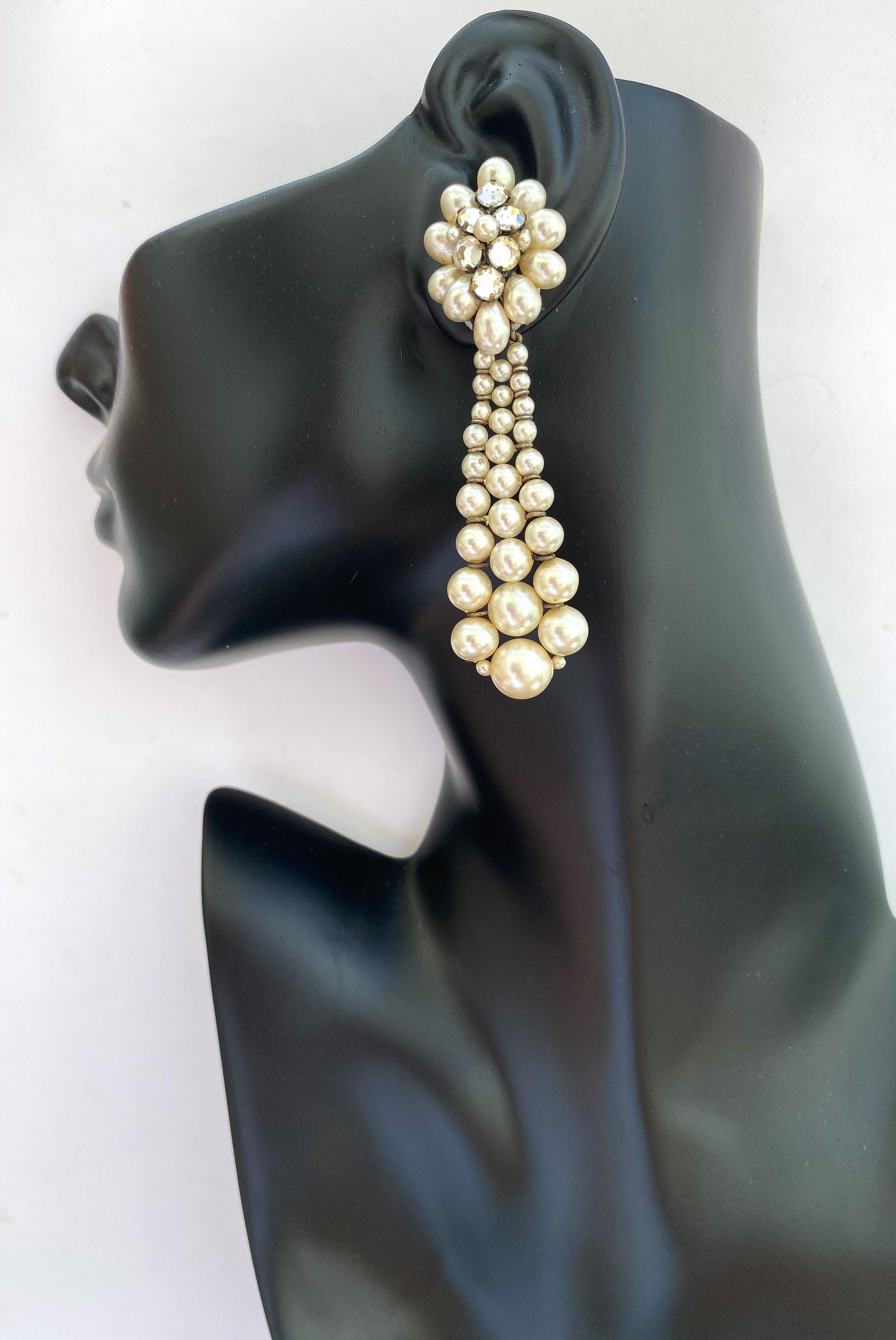 Women's Elegant very long paste and paste pearl drop earrings, Louis Rousselet, 1950s.
