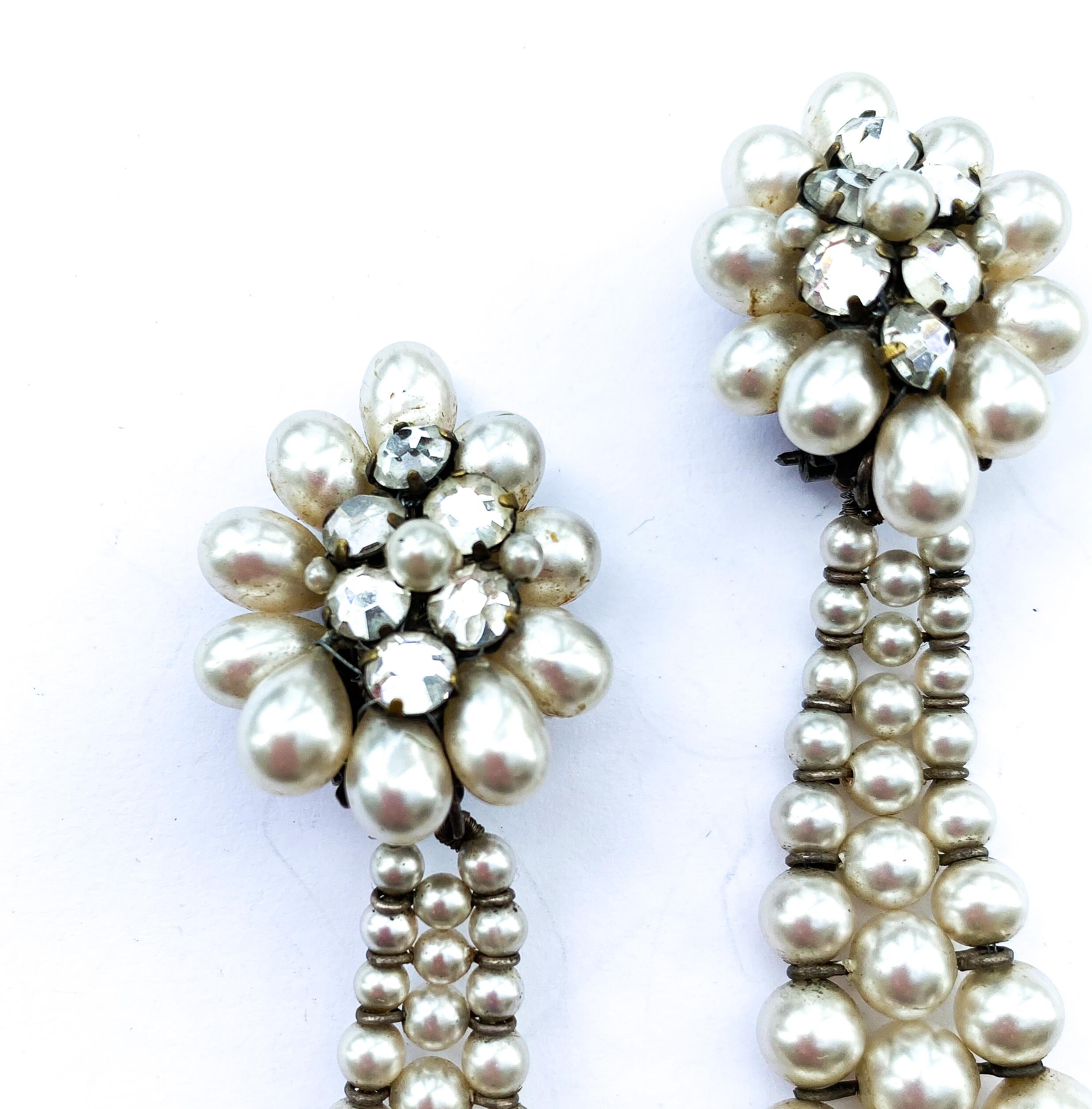 Elegant very long paste and paste pearl drop earrings, Louis Rousselet, 1950s. 1