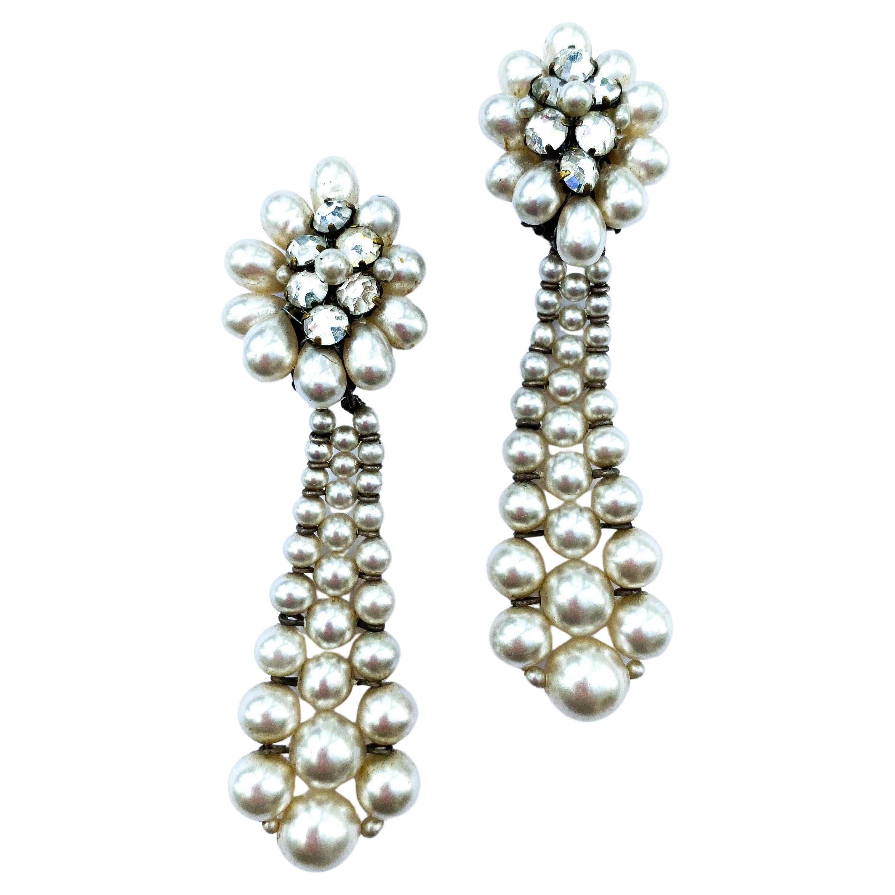 Elegant very long paste and paste pearl drop earrings, Louis Rousselet, 1950s.