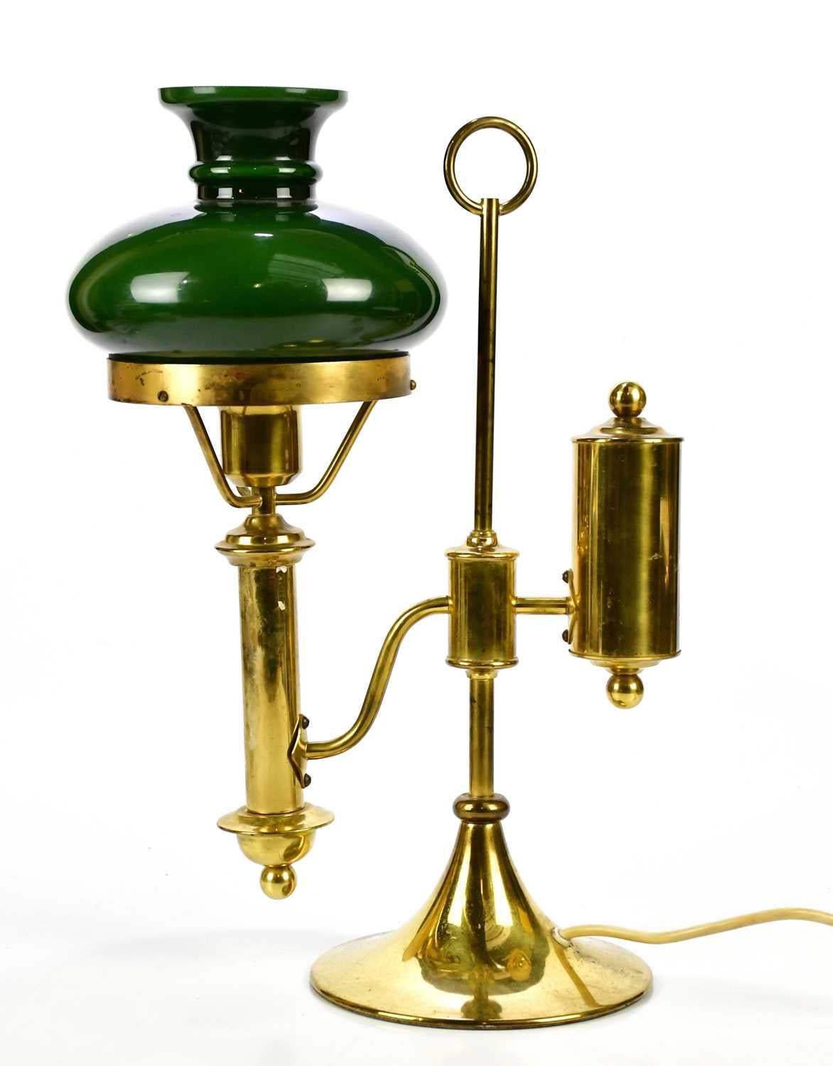 Late 19th Century Brass Adjustable Student Reading Lamp with Racing Green Ceramic Shade 

Reworked For Modern Day Use with a UK three pin plug.

A timeless design classic suitable for an antique or modern day desk.