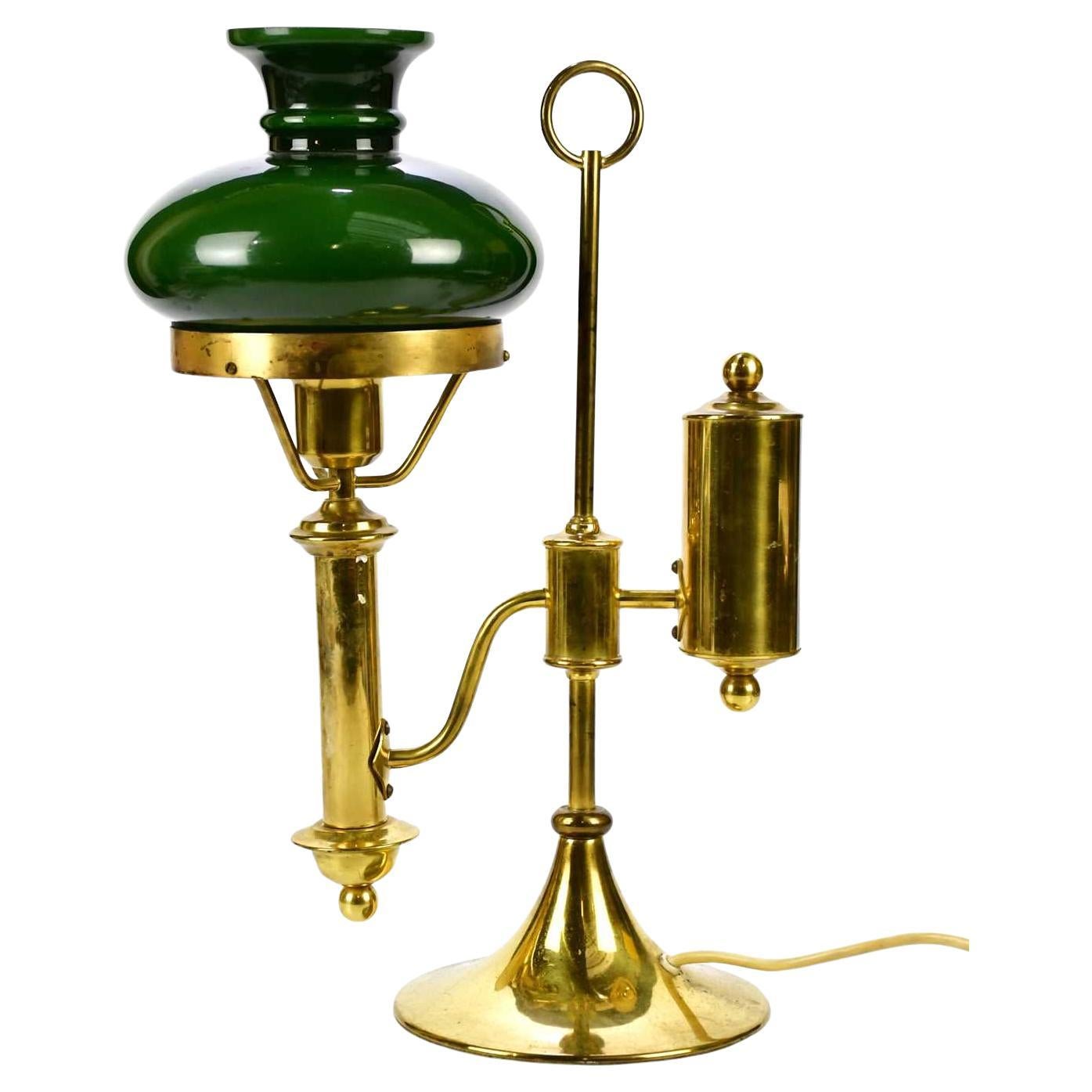 Elegant Victorian Adjustable Brass Student Lamp with Racing Green Ceramic Shade For Sale