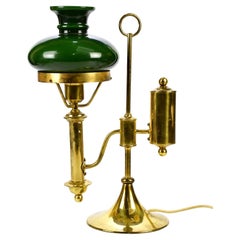Antique Elegant Victorian Adjustable Brass Student Lamp with Racing Green Ceramic Shade