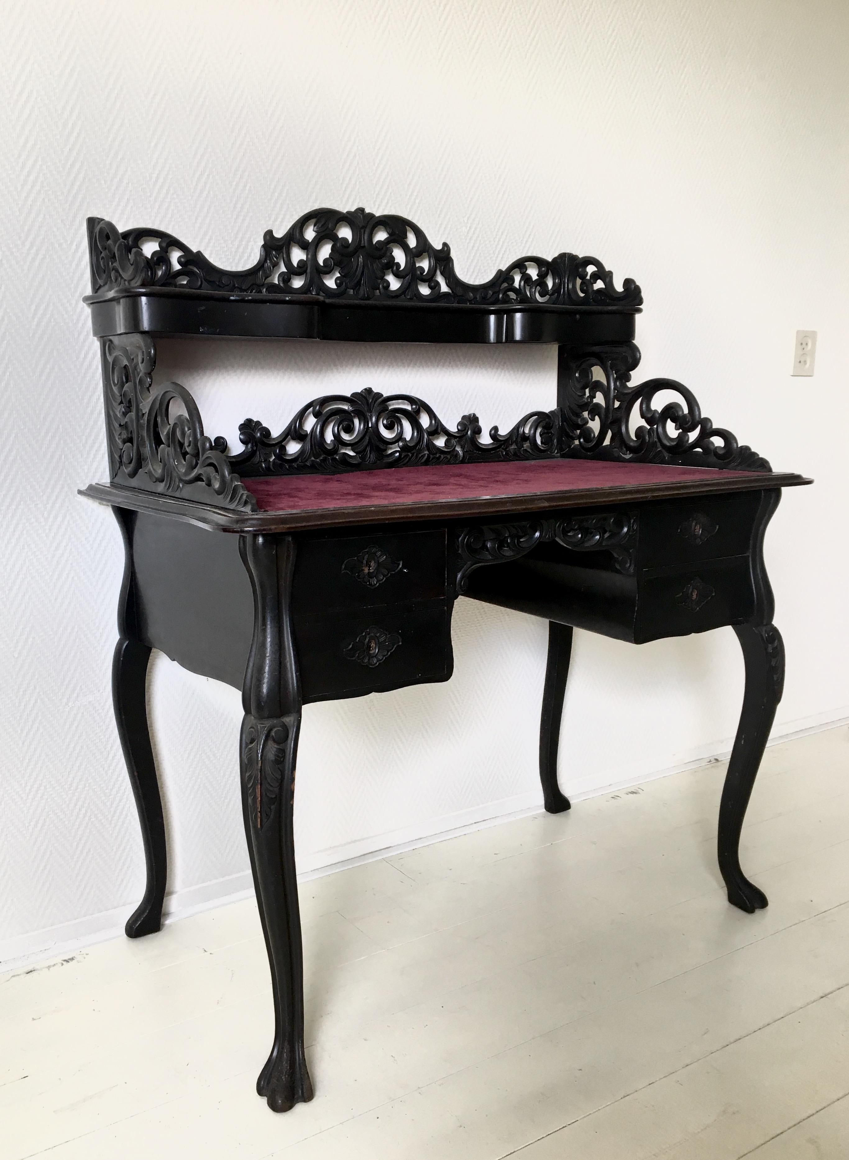 European Elegant Victorian Black and Red Desk, Writing Table, Secretaire