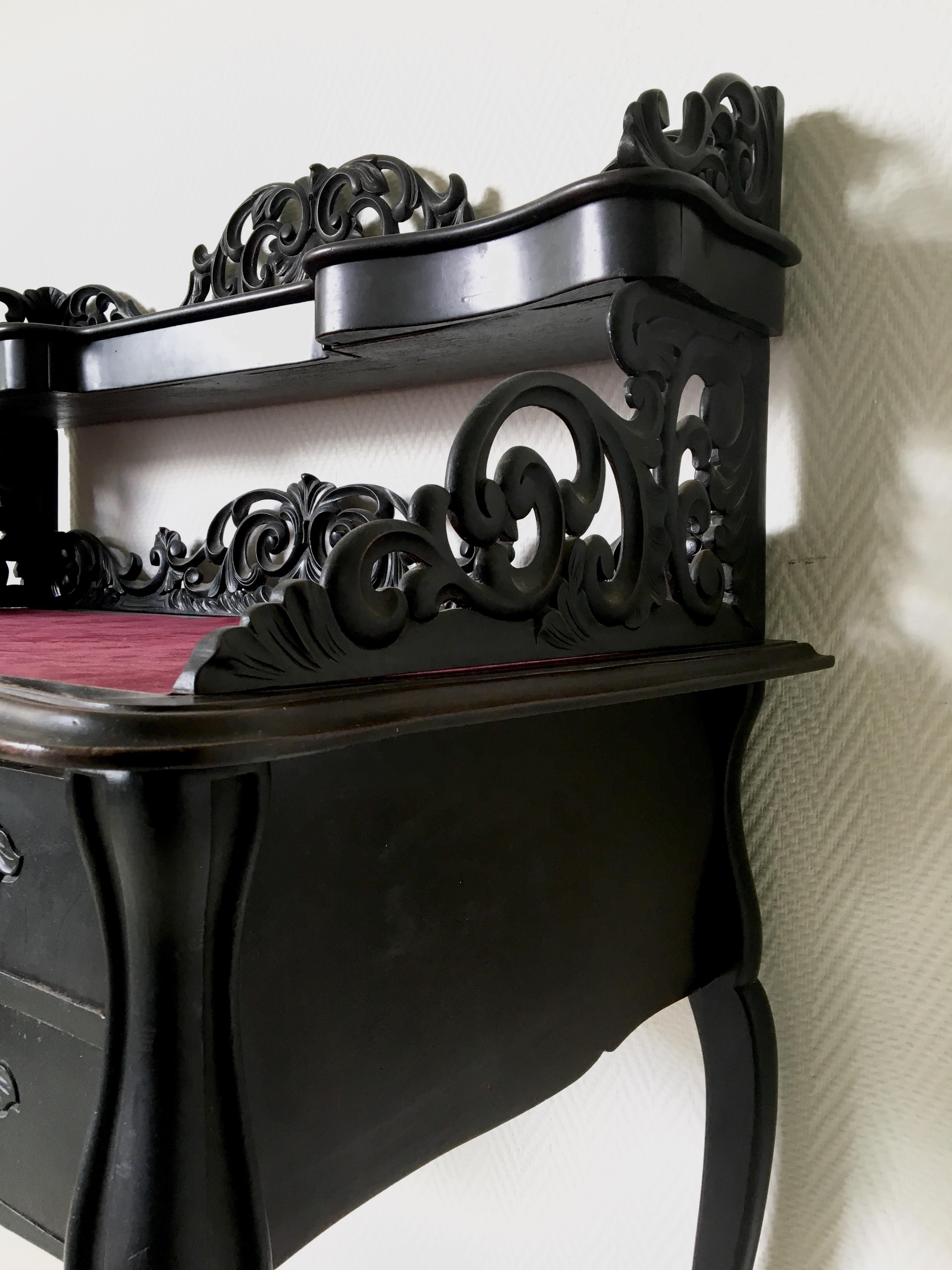 Ebonized Elegant Victorian Black and Red Desk, Writing Table, Secretaire