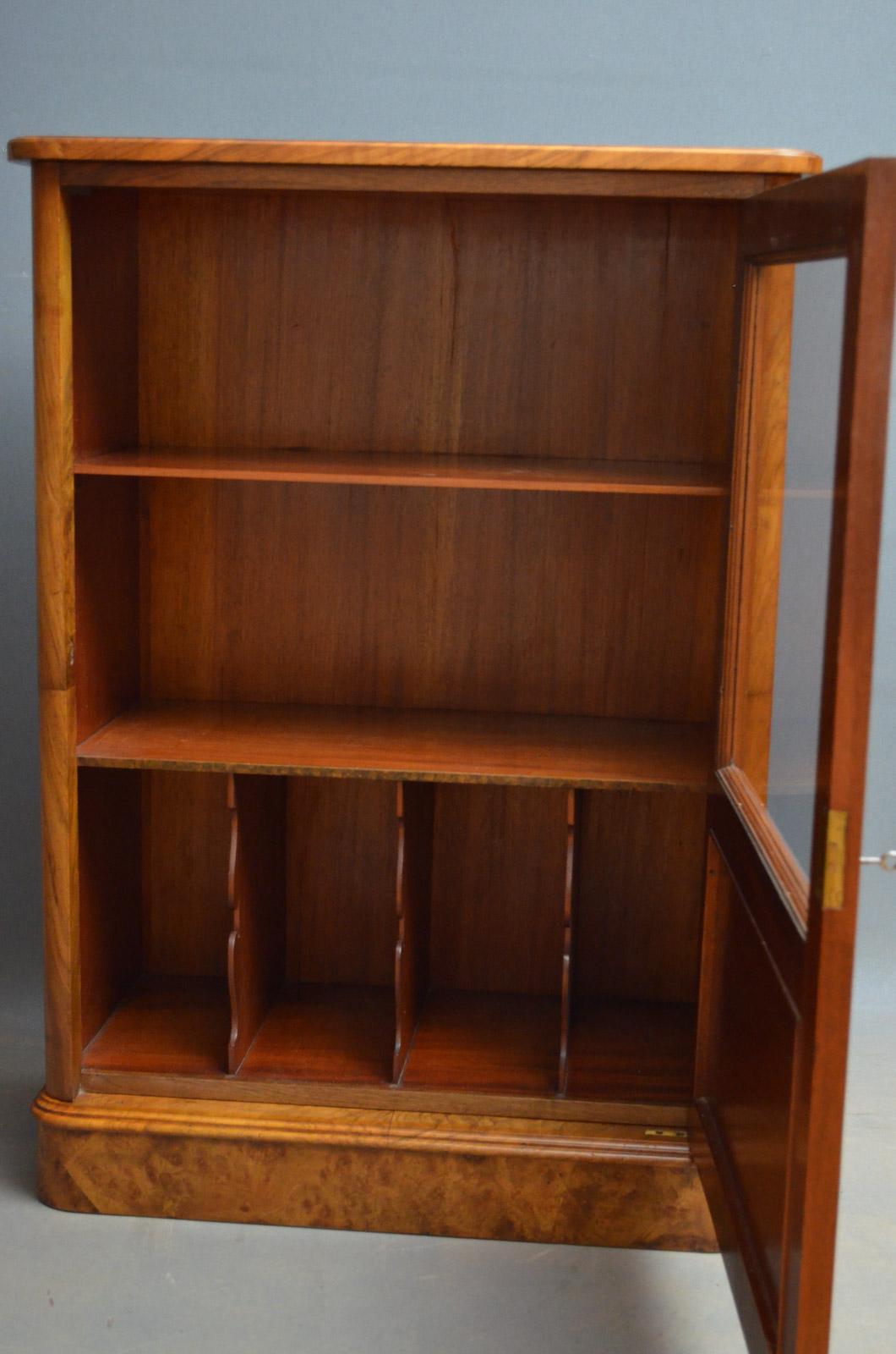 English Elegant Victorian Burr Walnut Bookcase or Music Cabinet