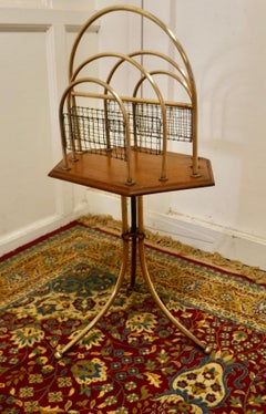 Elegant Victorian Golden Oak and Brass Revolving Magazine Rack