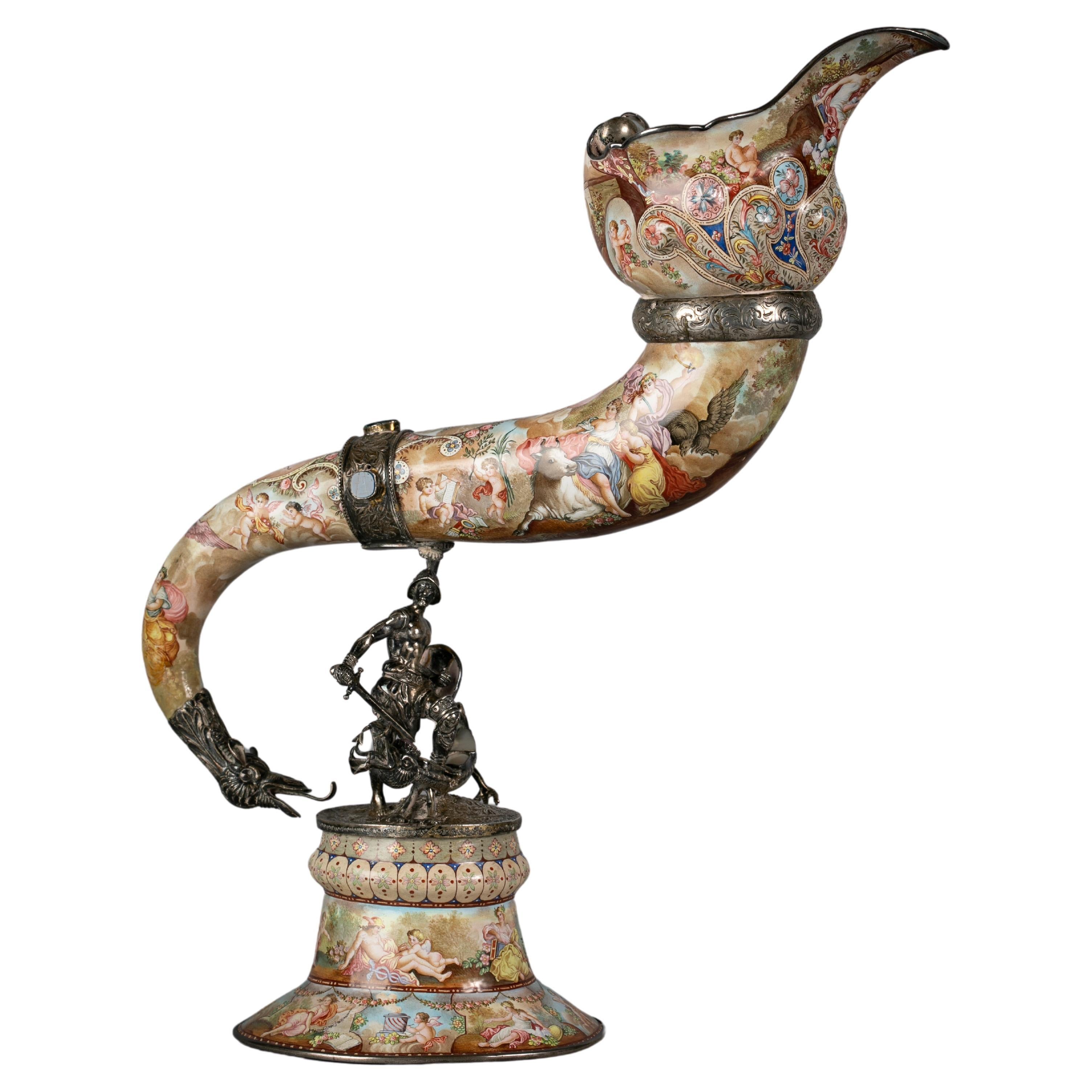 Elegant Viennese Silver and Enamel Large Cornucopia, circa 1880 For Sale