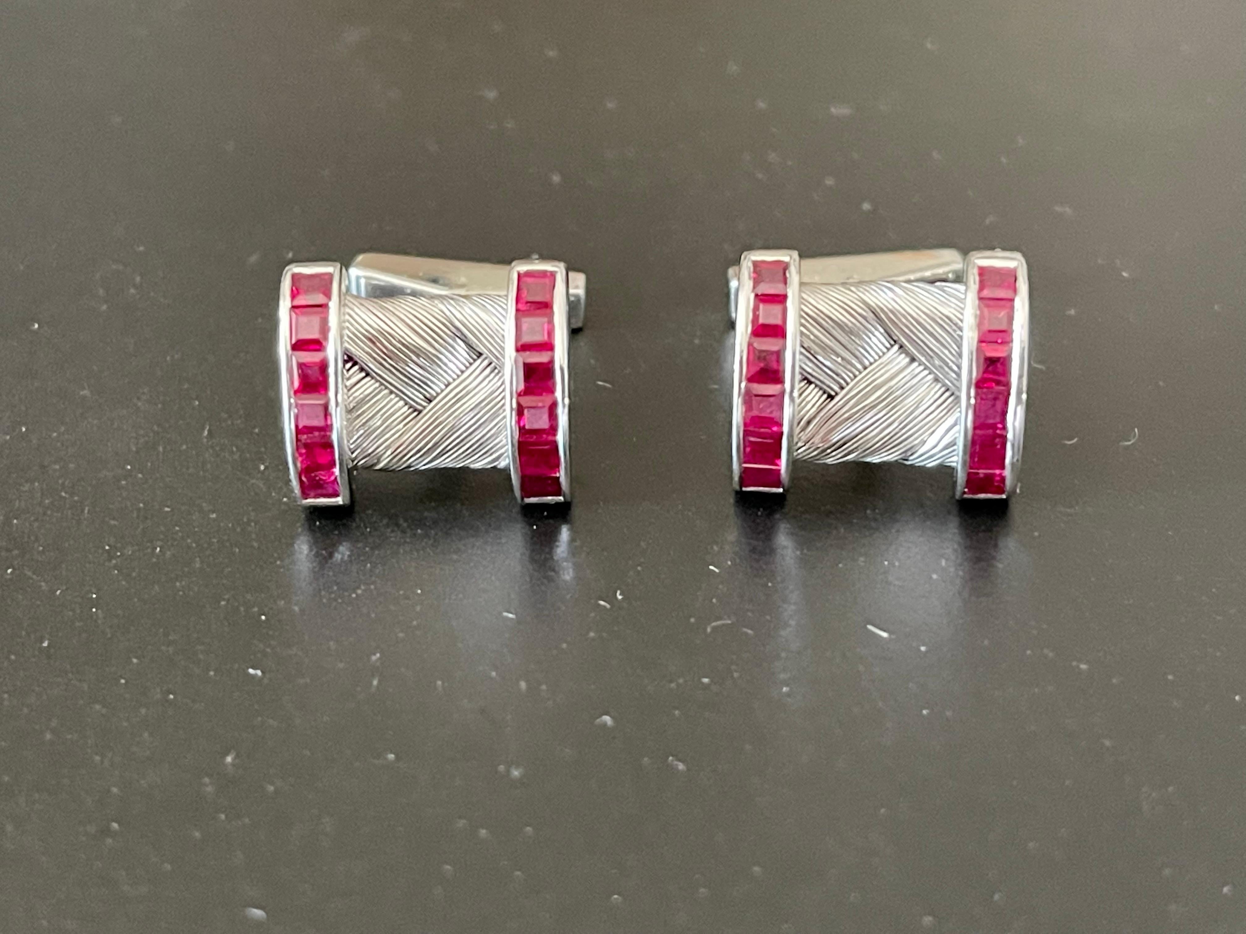 Square Cut Elegant Vintage 18 K White Gold Ruby Cufflinks For Sale