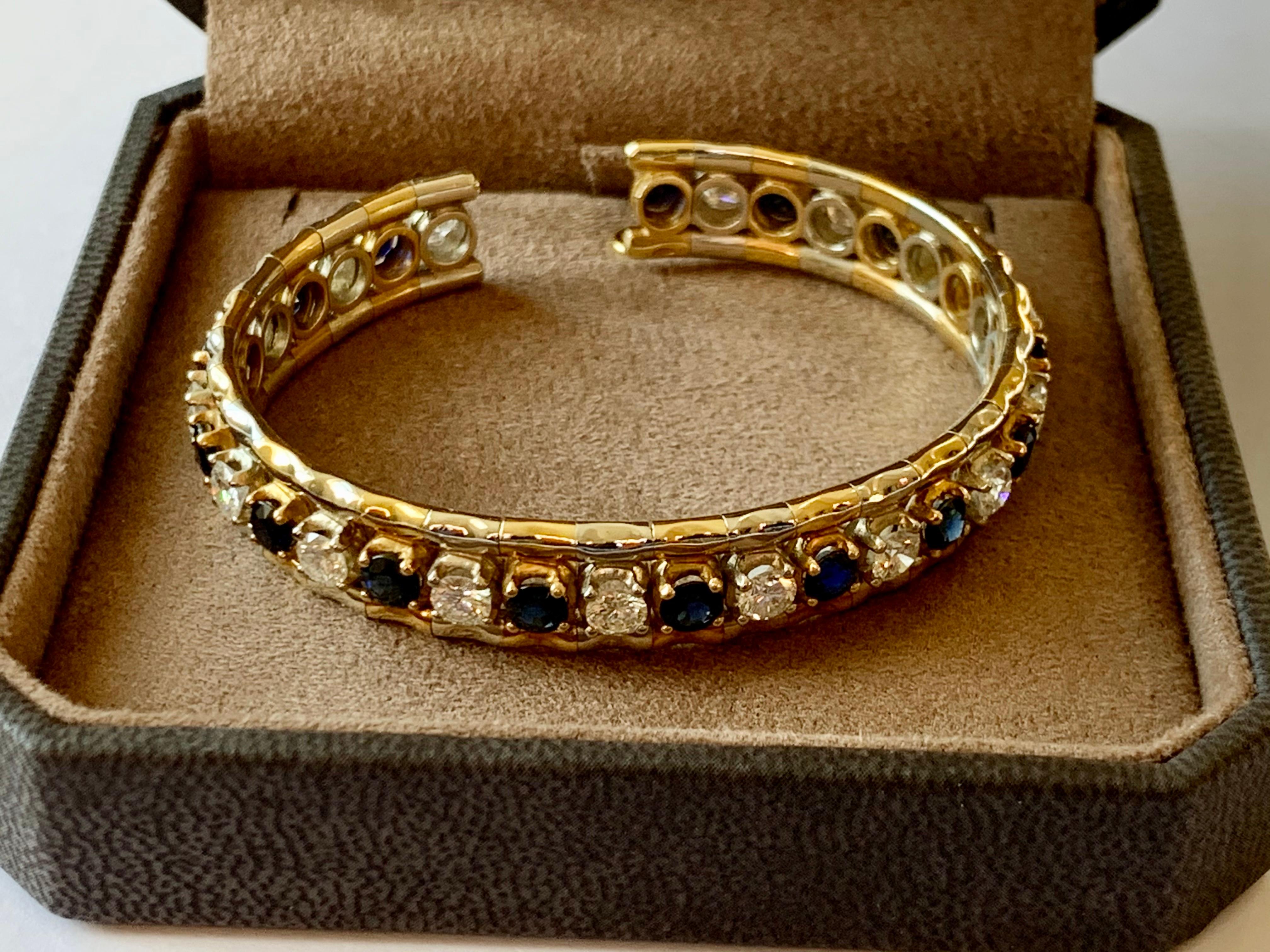 Contemporary Elegant Vintage 18 Karat Yellow and White Gold Bangle Sapphire and Diamonds For Sale