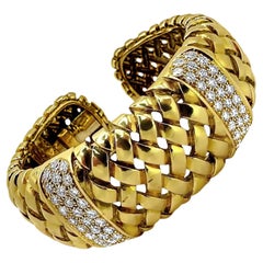 Elegant Vintage 18k Gold Wide Basket Weave Bombe Cuff Bracelet with Diamonds