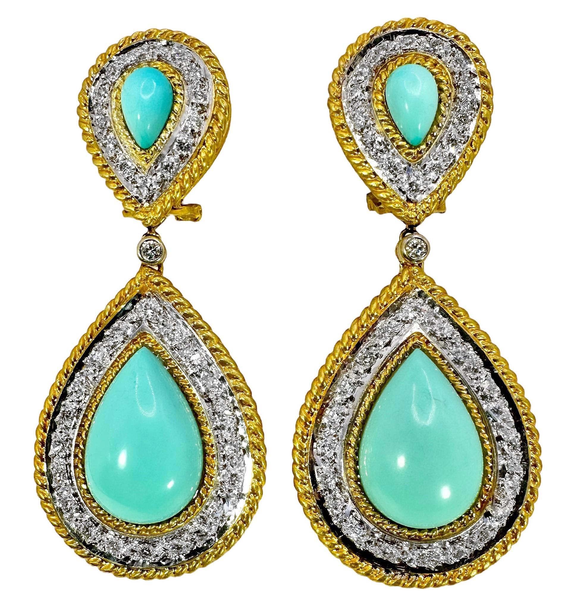 This splendid pair of 18k yellow gold, late 20th century earrings are a symphony in design and highly complimentary colors. Rich 18k gold blends with delicate Persian turquoise and bright white diamonds creating an extremely pleasing and aesthetic