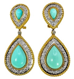Elegant Vintage 18k Yellow Gold, Diamond and Persian Turquoise Earrings