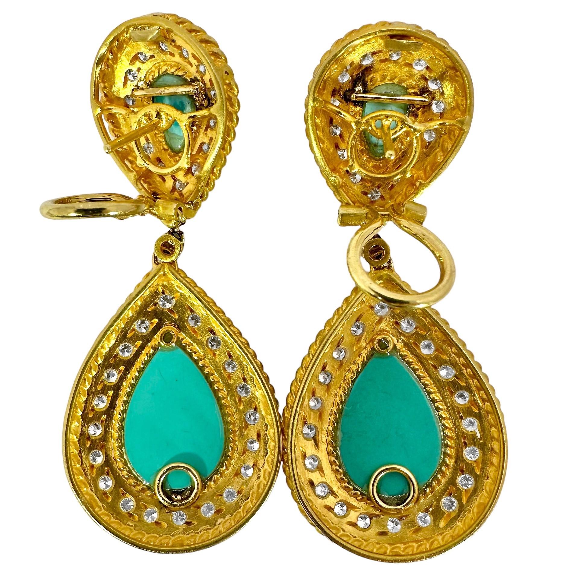 Modern Elegant Vintage 18k Yellow Gold, Diamond and Persian Turquoise Earrings For Sale