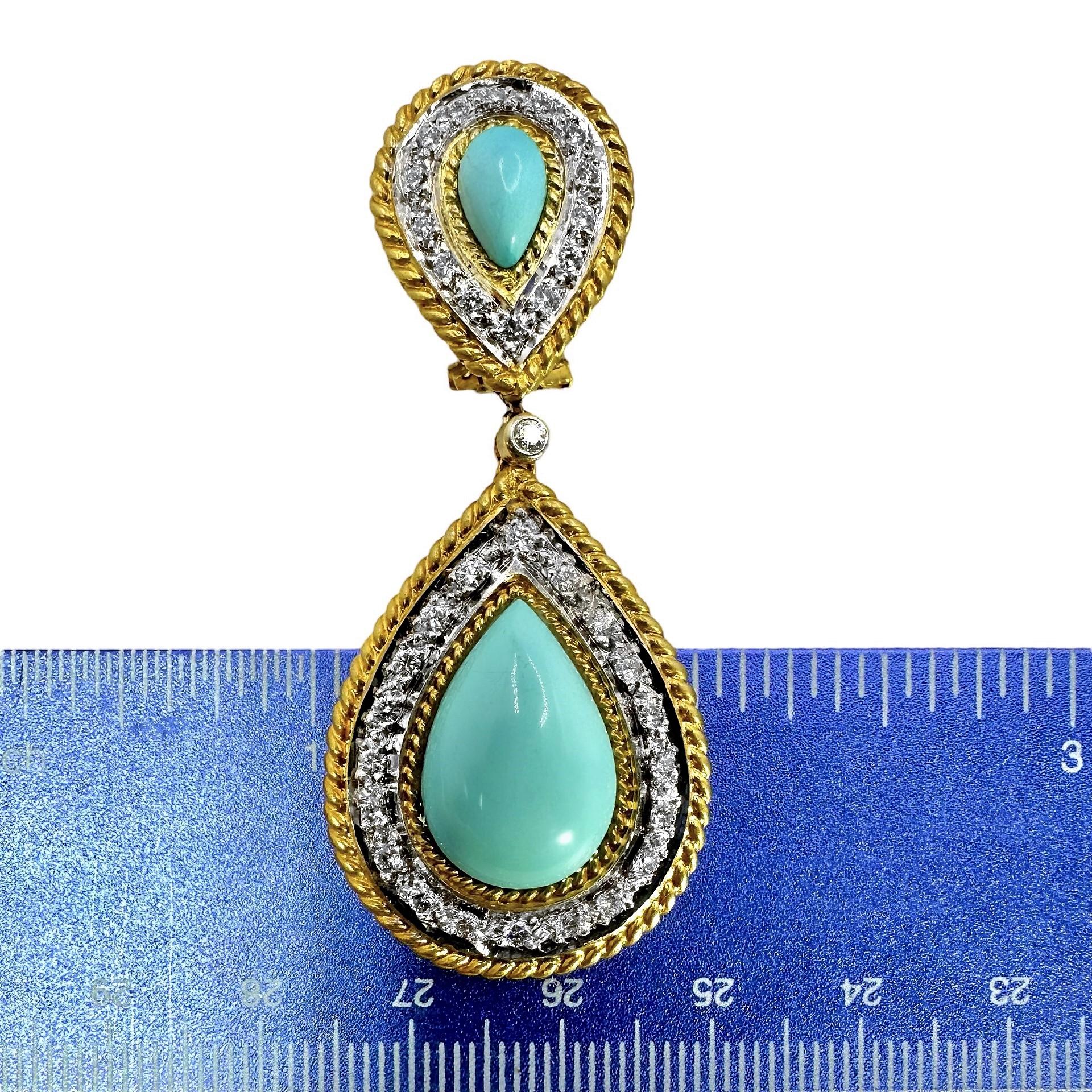 Elegant Vintage 18k Yellow Gold, Diamond and Persian Turquoise Earrings In Good Condition For Sale In Palm Beach, FL