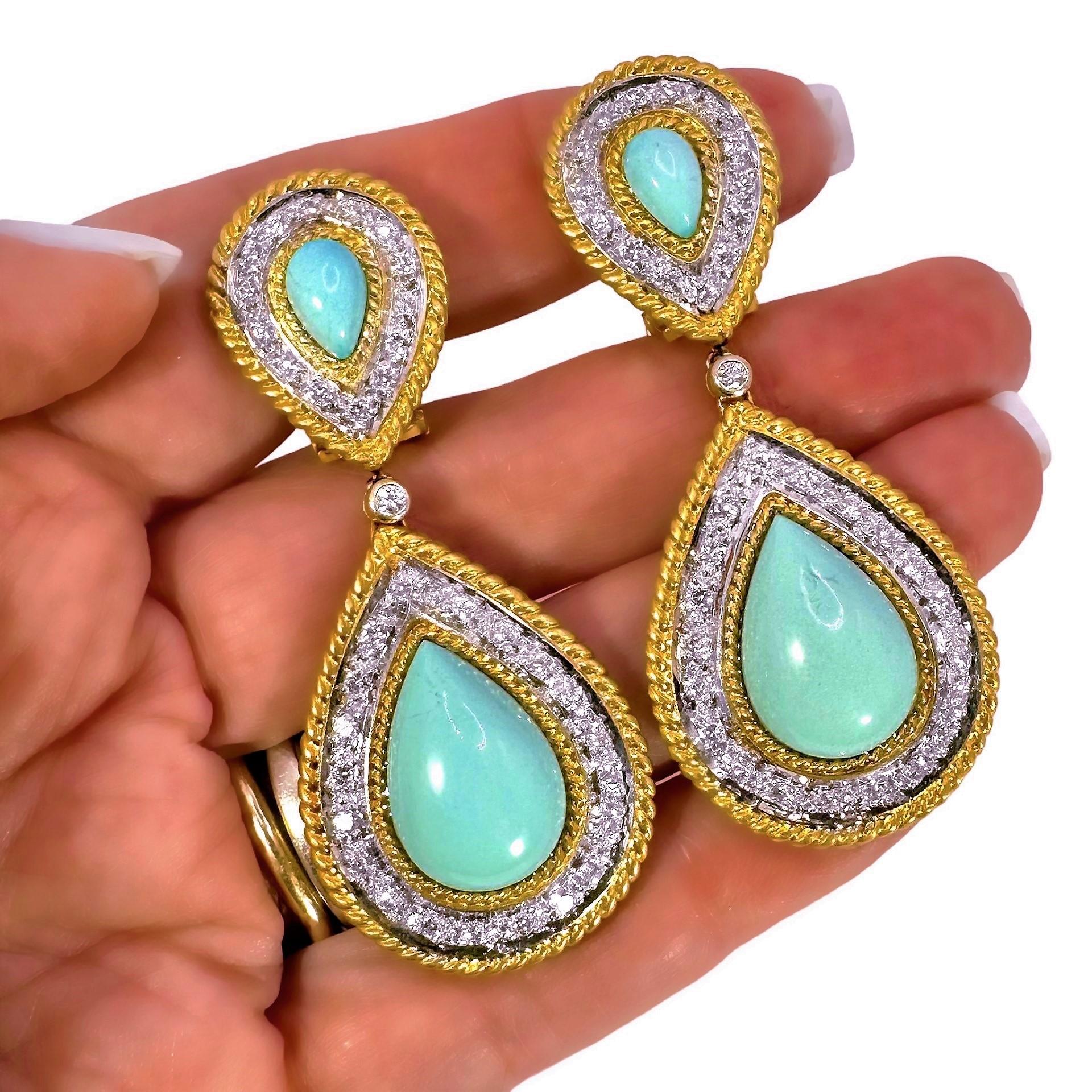 Élégants boucles d'oreilles vintage en or jaune 18 carats, diamants et turquoise de Perse Pour femmes en vente