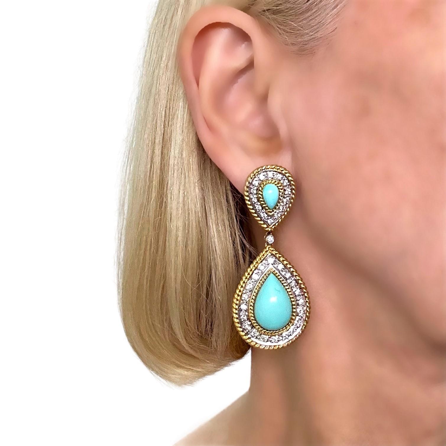 Elegant Vintage 18k Yellow Gold, Diamond and Persian Turquoise Earrings For Sale 1