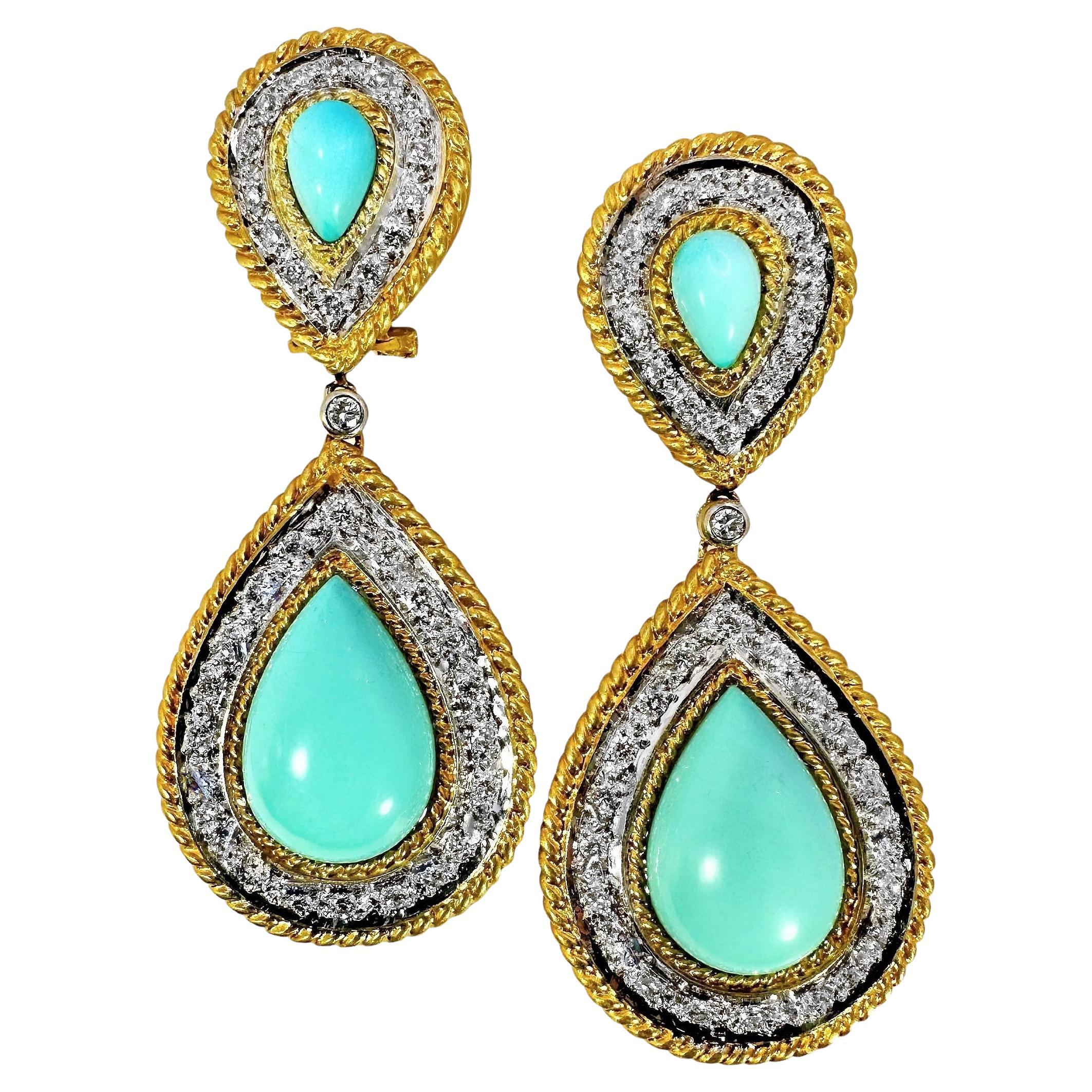 Élégants boucles d'oreilles vintage en or jaune 18 carats, diamants et turquoise de Perse en vente