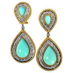 Élégants boucles d'oreilles vintage en or jaune 18 carats, diamants et turquoise de Perse