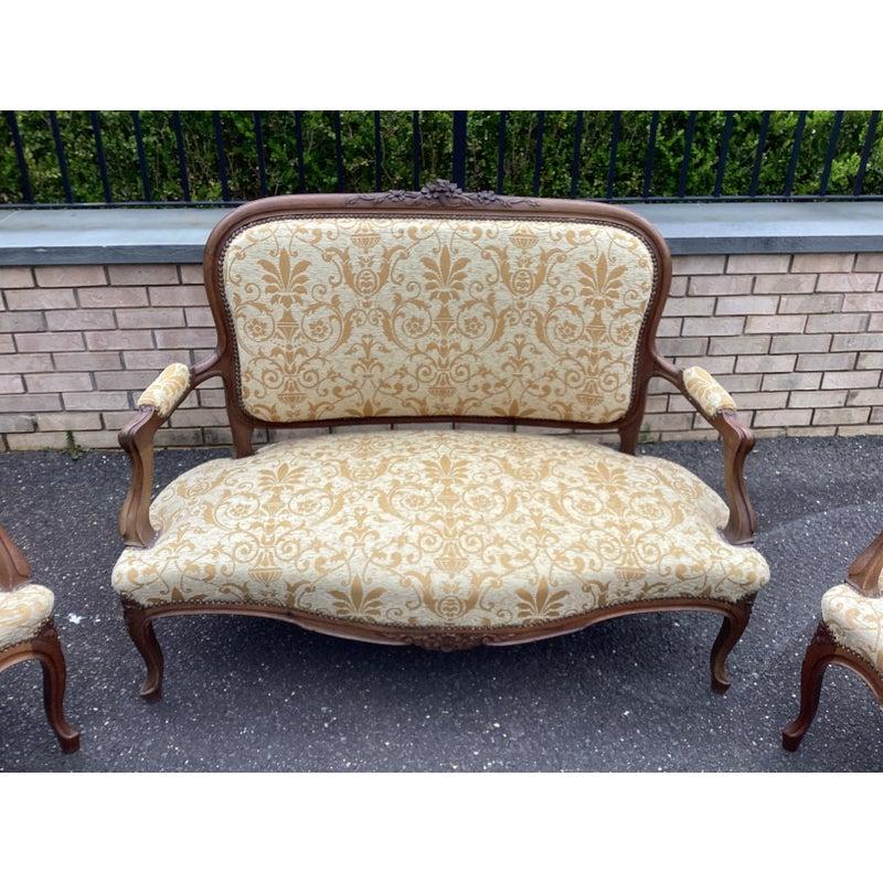 Elegant Vintage 3 Piece French Upholstered and Carved Walnut Salon Set 4