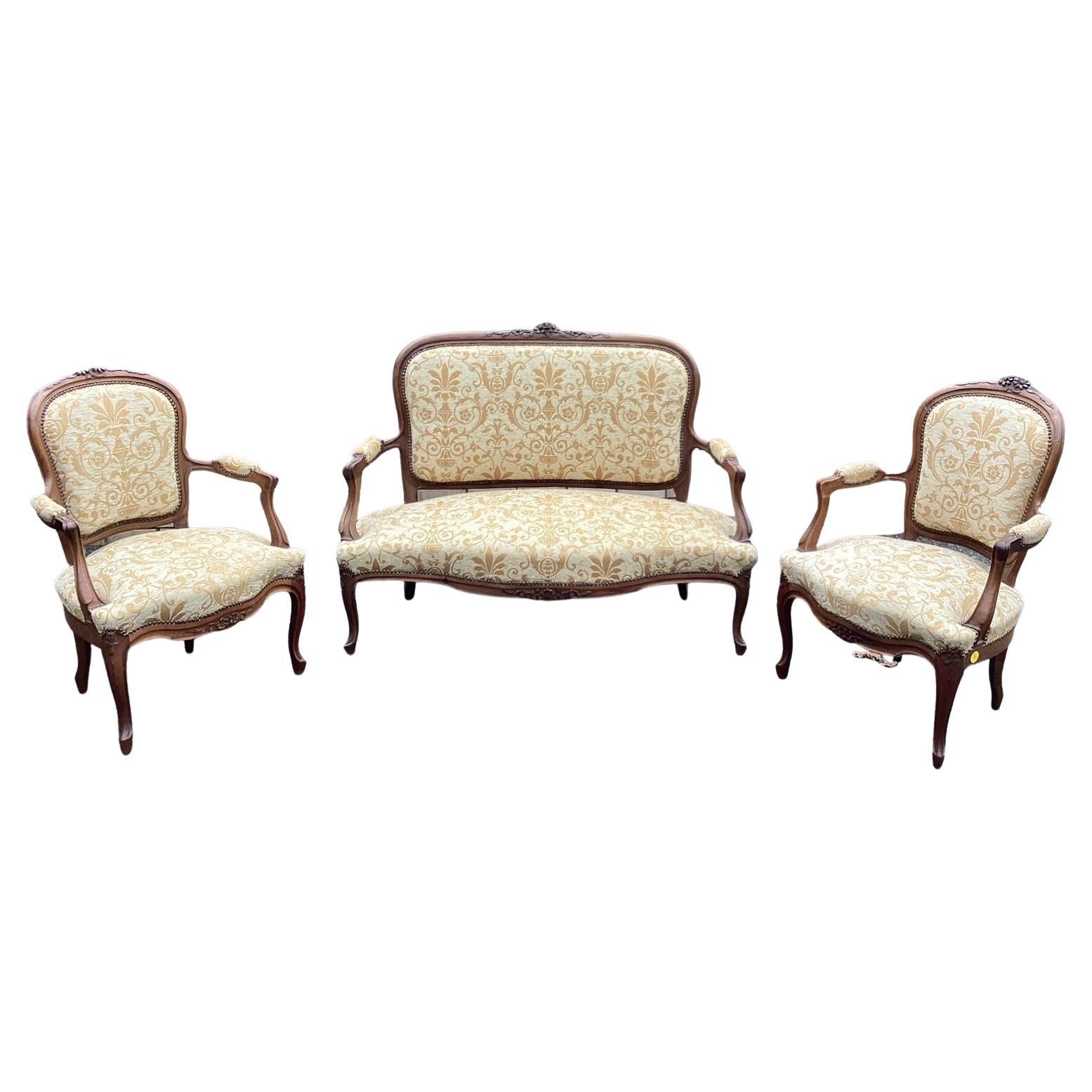 Elegant Vintage 3 Piece French Upholstered and Carved Walnut Salon Set