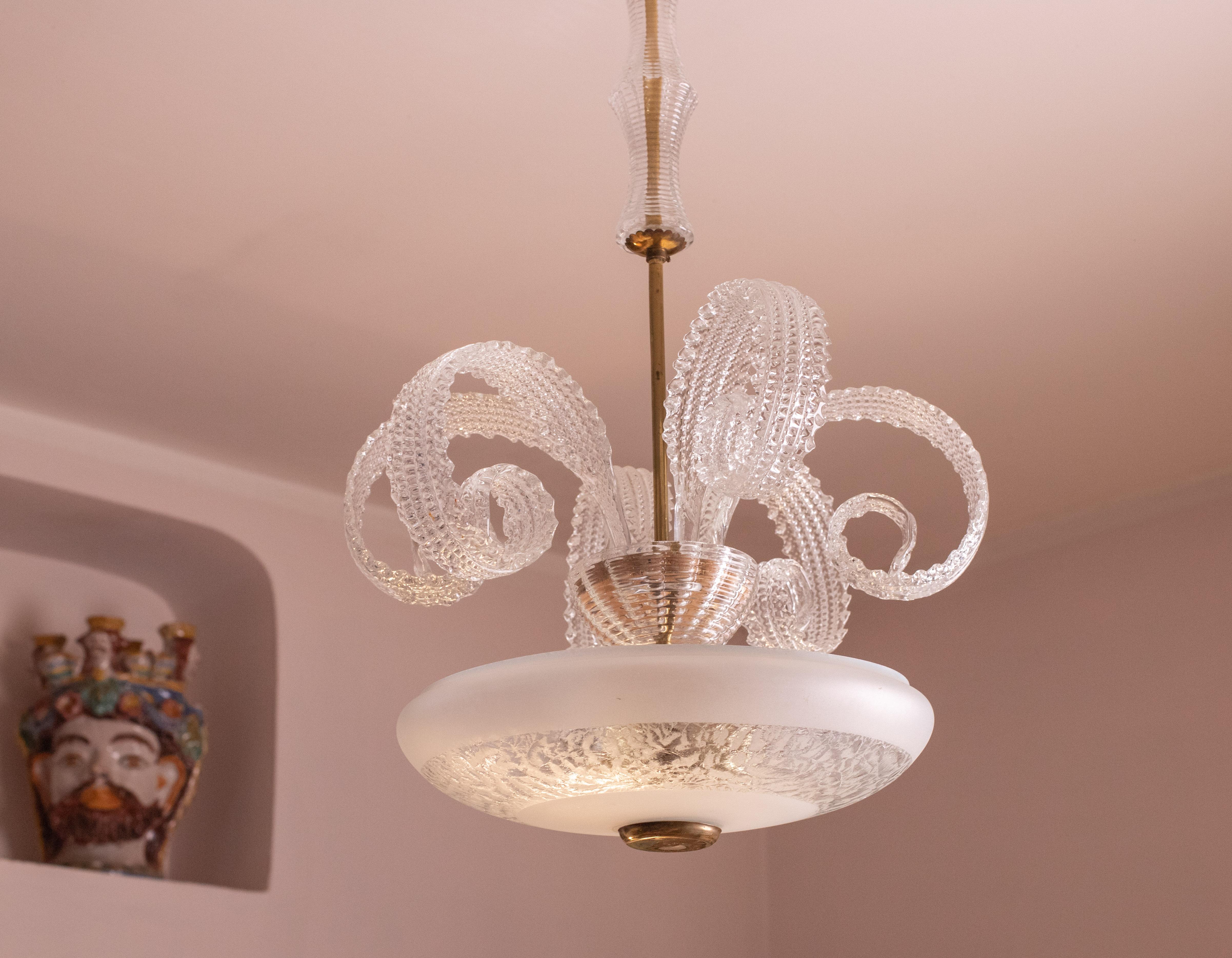 Italian Elegant Vintage Art Decò Barovier & Toso Chandelier, 1940s For Sale