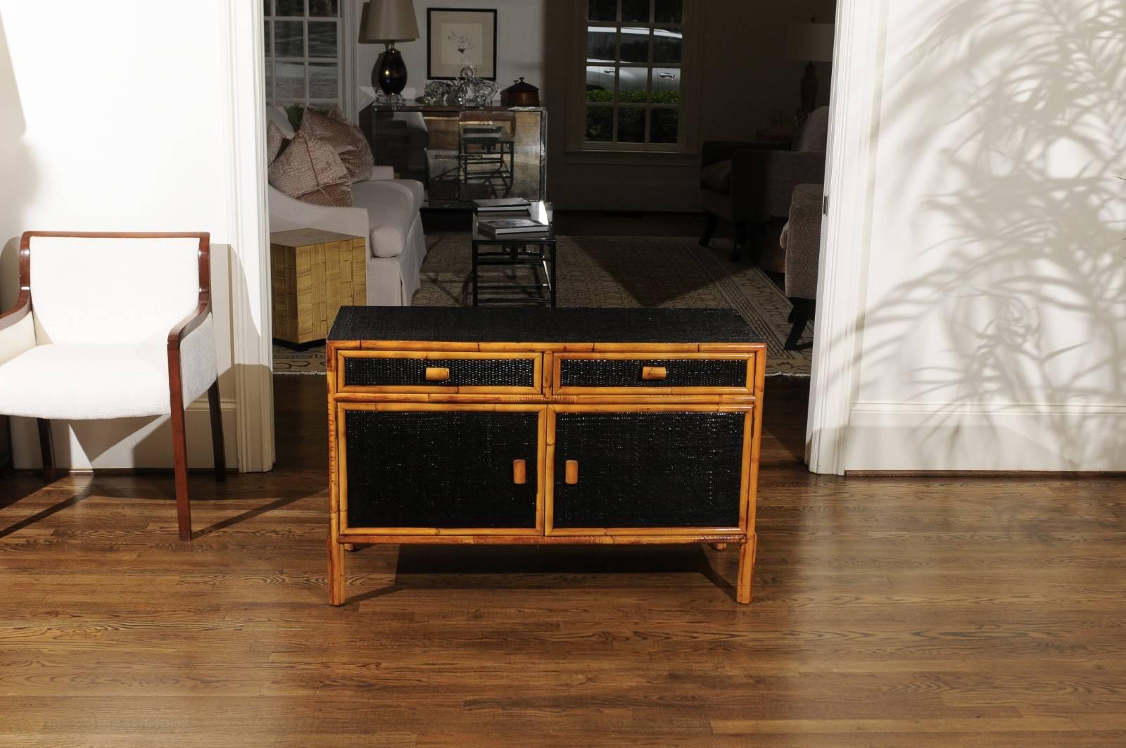 This magnificent chest is shipped as professionally photographed and described in the listing narrative: Completely Installation Ready.

A exceptional multipurpose cabinet, circa 1970. Two drawers with open compartment below. Exceptionally crafted