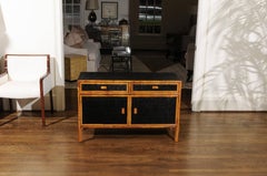 Elegant Vintage Black Lacquer Cane Cabinet with Bamboo Accents, circa 1970