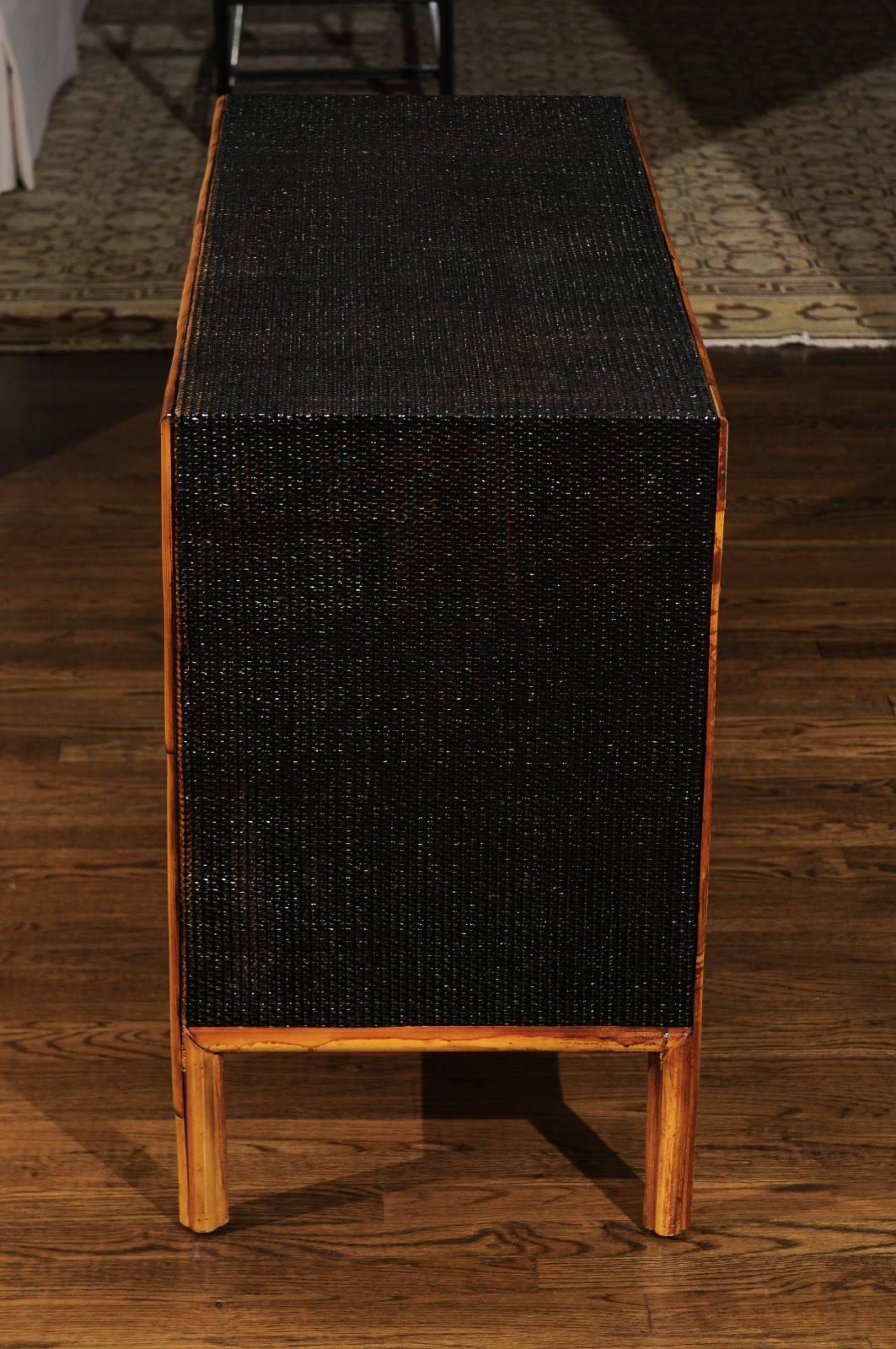 Unknown Elegant Vintage Black Lacquer Cane Cabinet with Bamboo Accents, circa 1970 For Sale
