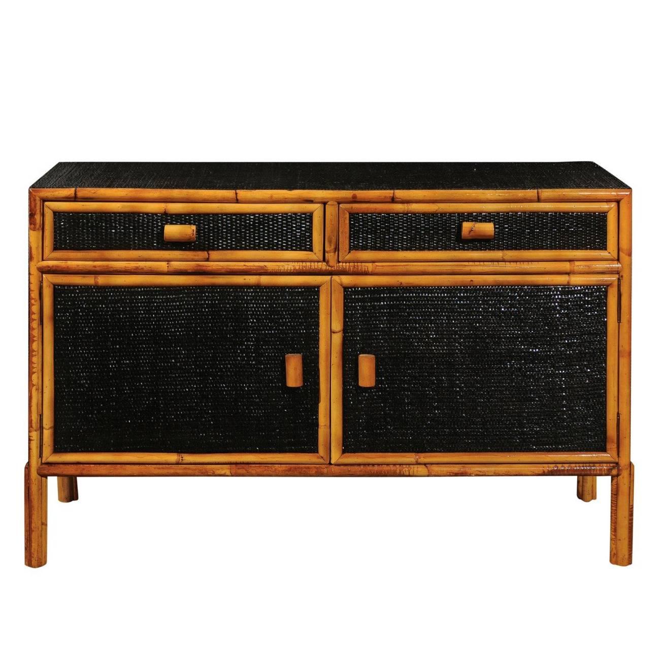 Elegant Vintage Black Lacquer Cane Cabinet with Bamboo Accents, circa 1970 For Sale