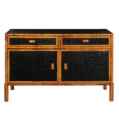 Elegant Retro Black Lacquer Cane Cabinet with Bamboo Accents, circa 1970