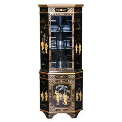 ELEGANTE ARMARIO DE ESQUINA LACADO NEGRO VINTAGE CON PERLAS MADRE Y DORADOS