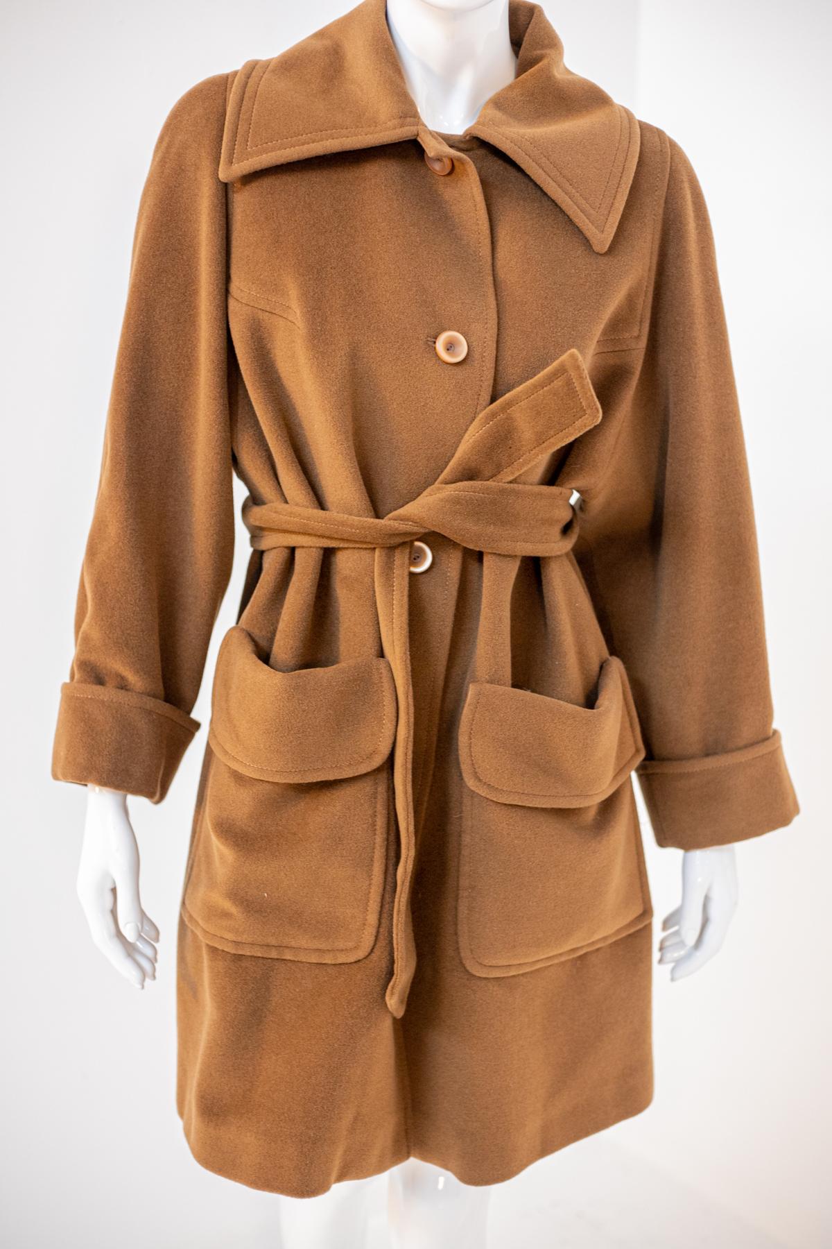 Elegant Vintage Brown Wool Long Coat with Belt For Sale 1