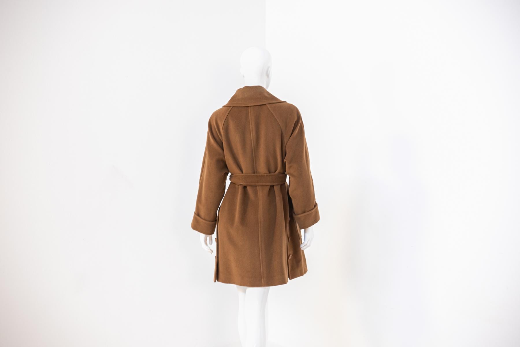 Elegant Vintage Brown Wool Long Coat with Belt For Sale 4