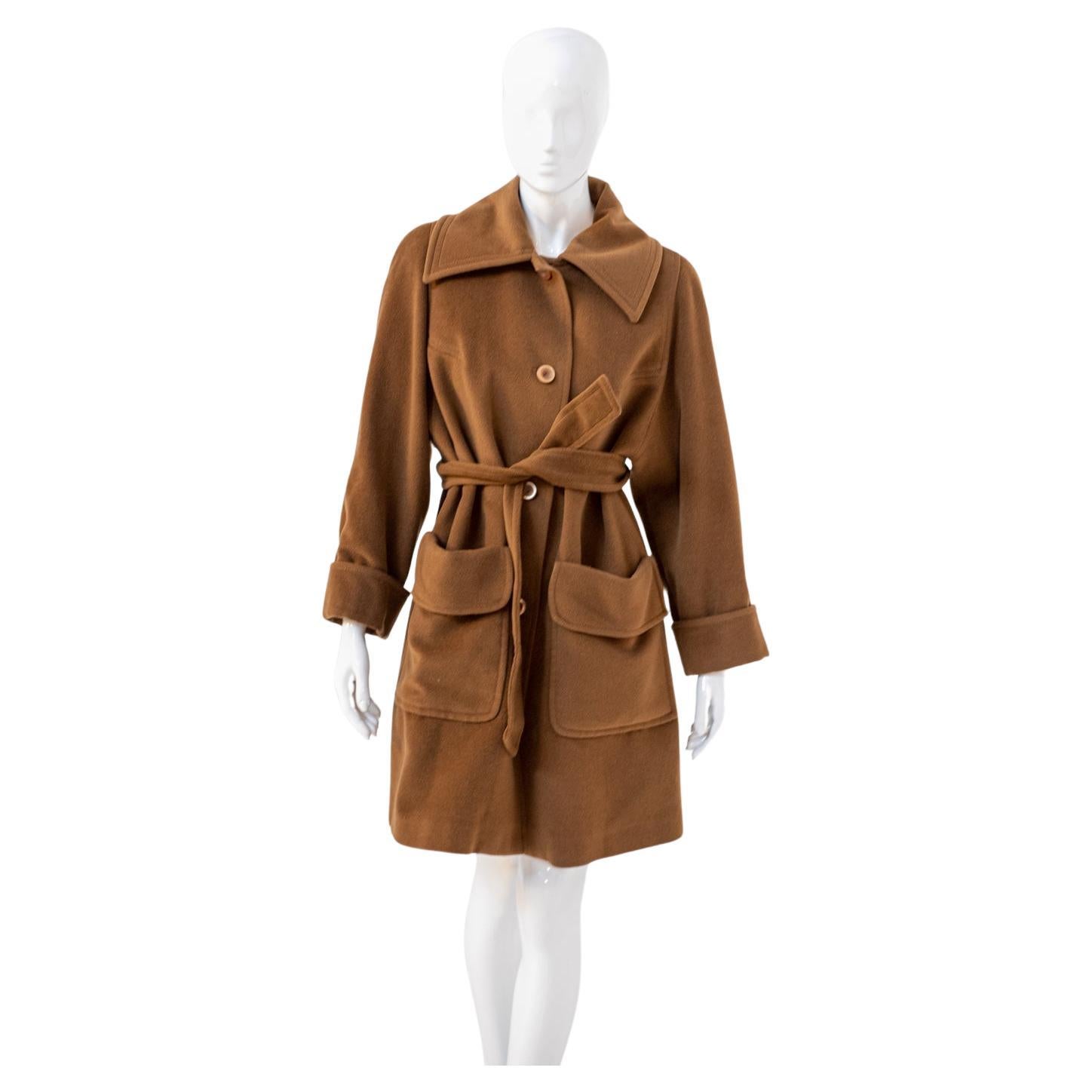 Elegant Vintage Brown Wool Long Coat with Belt For Sale
