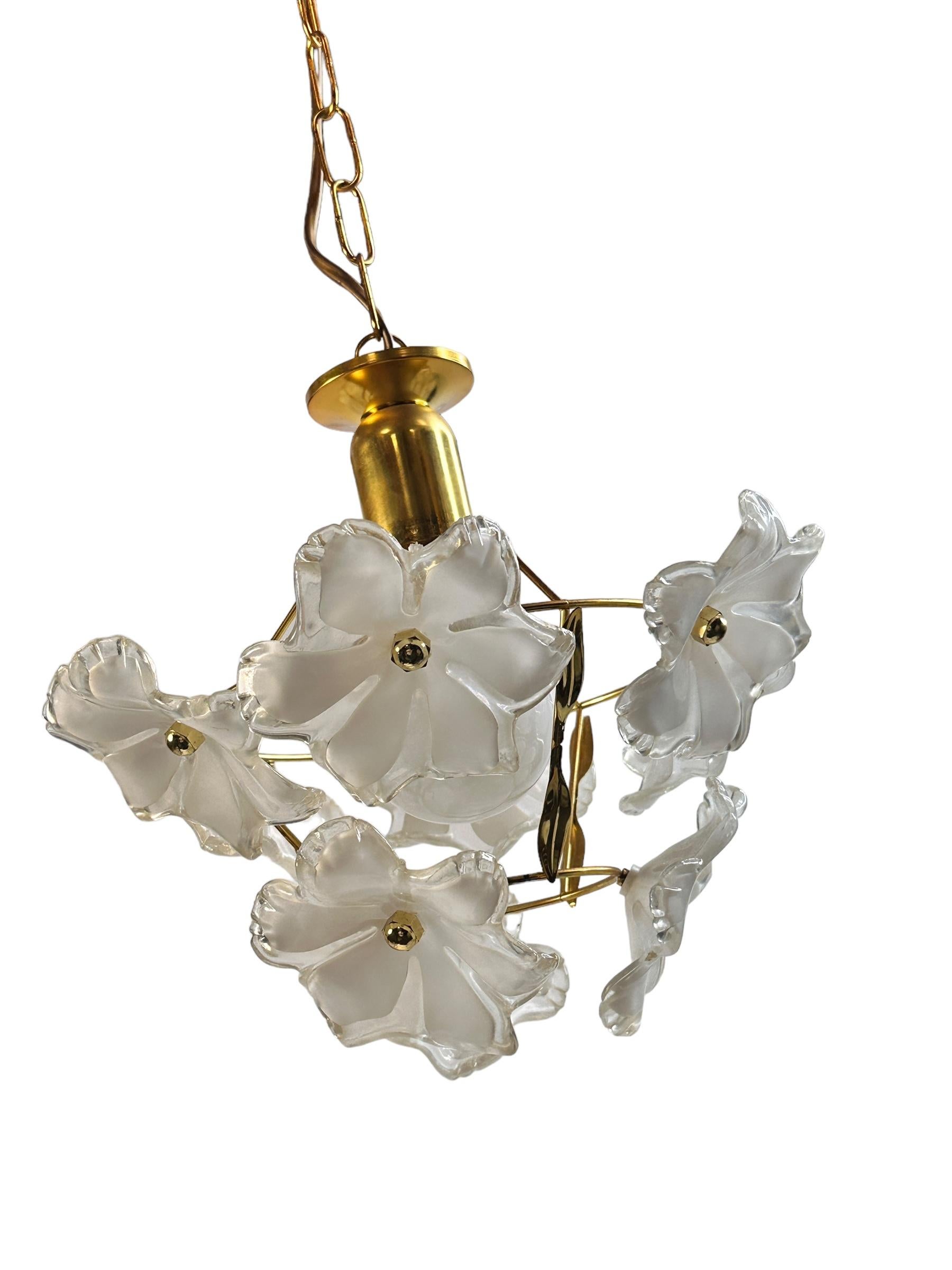 Metal Elegant Vintage Ceiling Light Pendant White Lucite Flowers, Eglo Austria 1970s For Sale