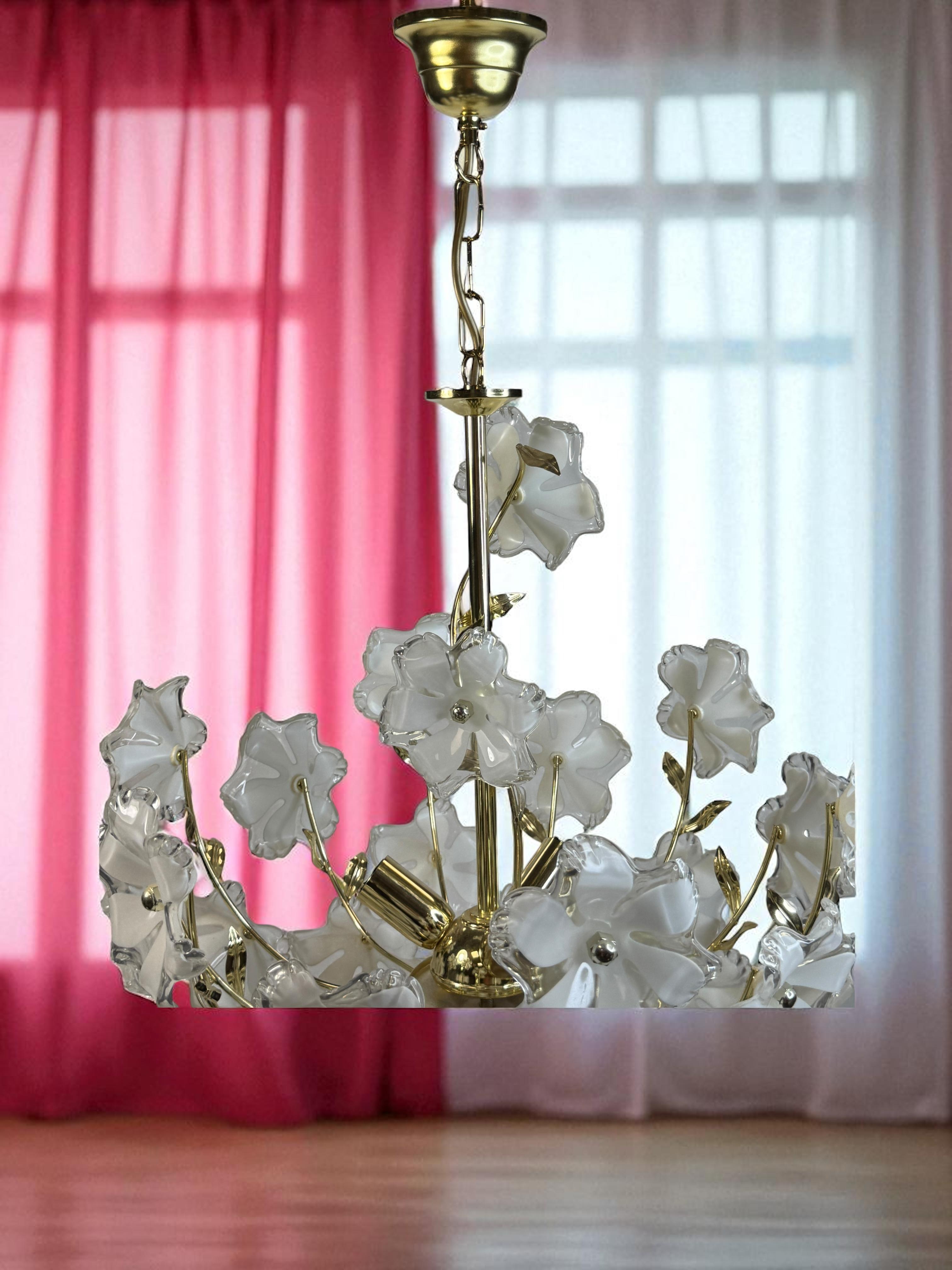 Elegant Vintage Chandelier White Lucite Flowers, Eglo Leuchten Austria 1970s For Sale 5