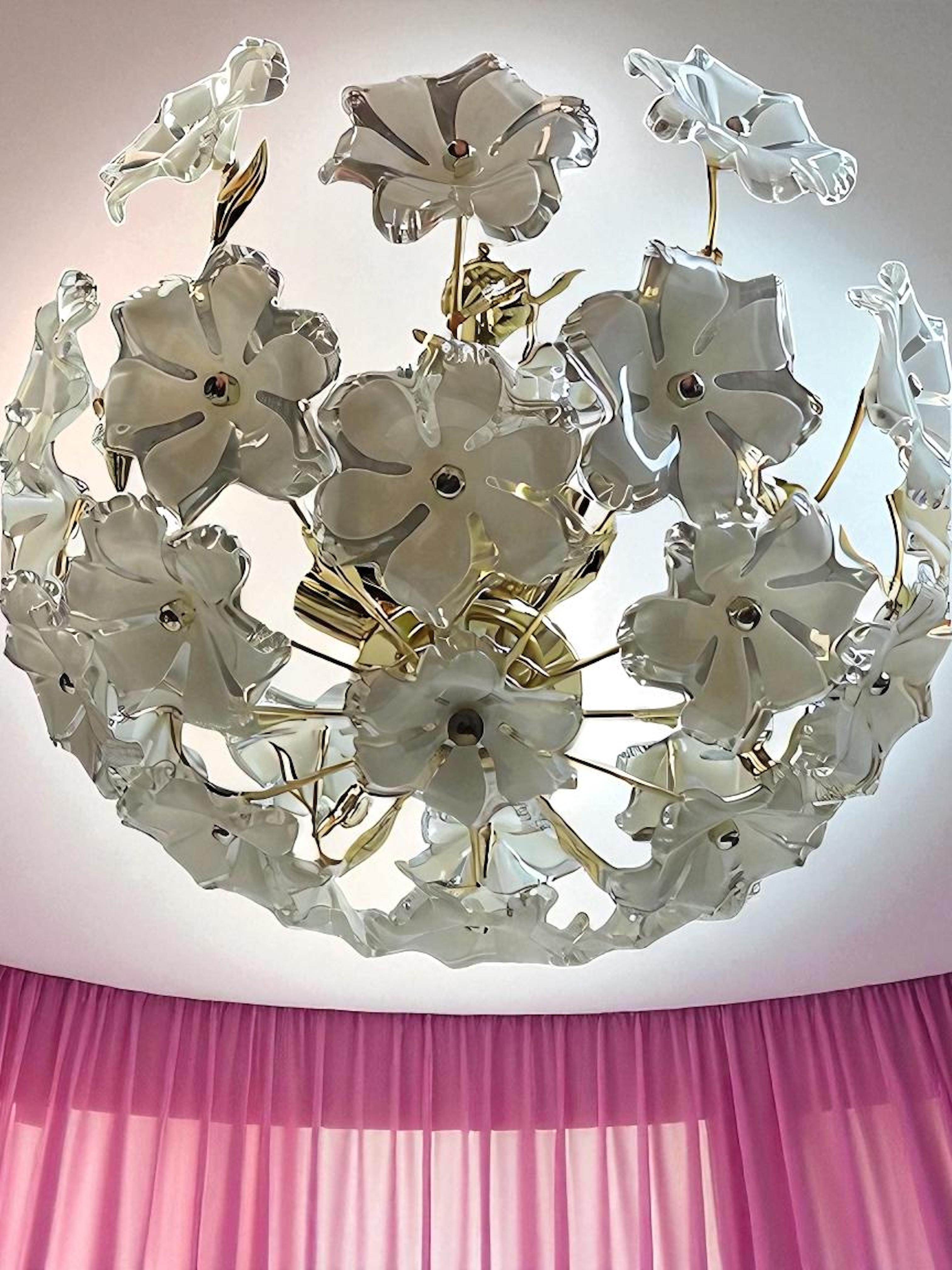 Elegant Vintage Chandelier White Lucite Flowers, Eglo Leuchten Austria 1970s For Sale 6