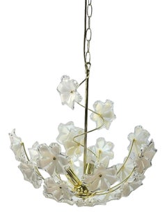 Elegant Vintage Chandelier White Lucite Flowers, Eglo Leuchten Austria 1970s