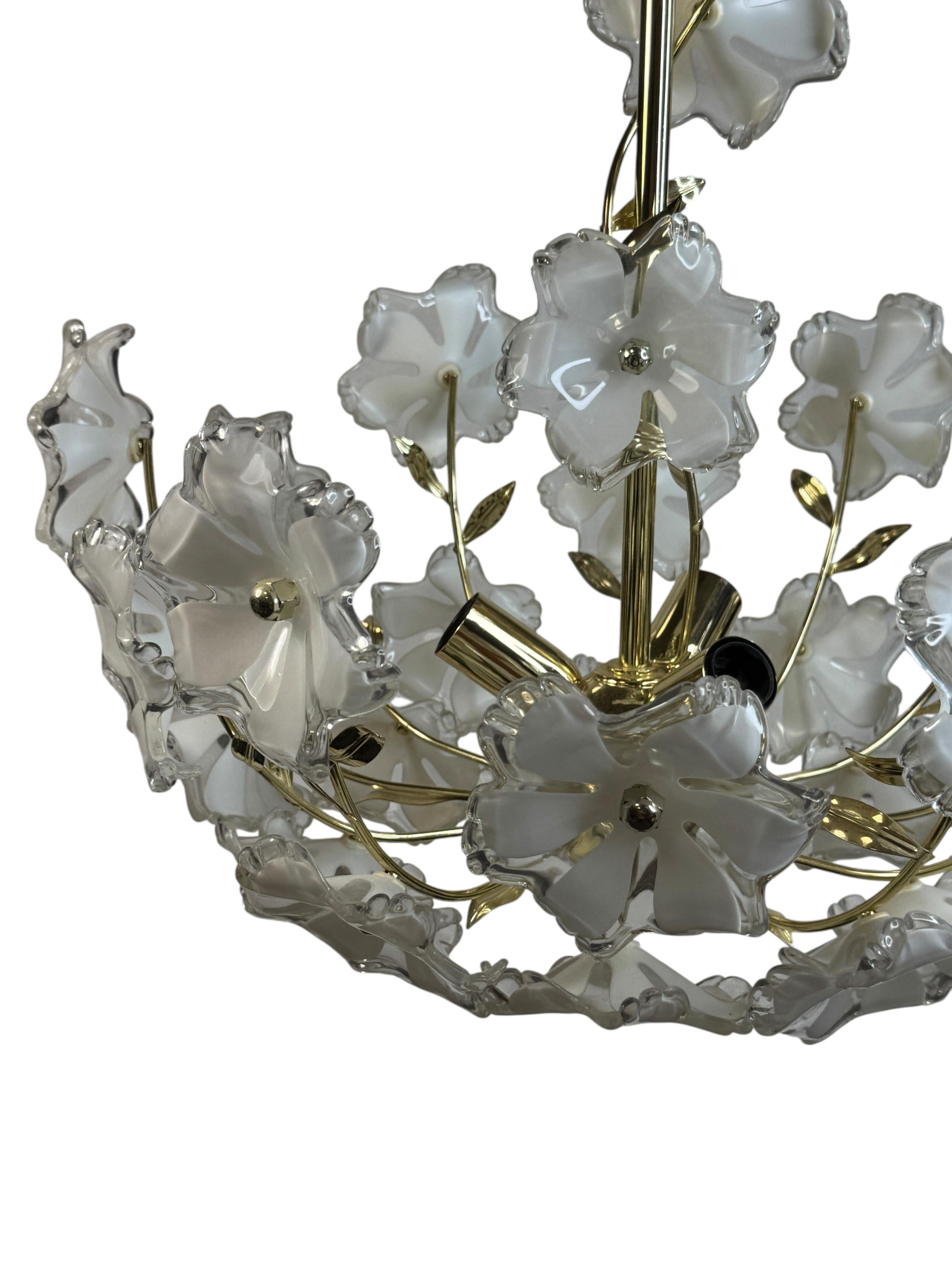 Austrian Elegant Vintage Chandelier White Lucite Flowers, Eglo Leuchten Austria 1970s For Sale