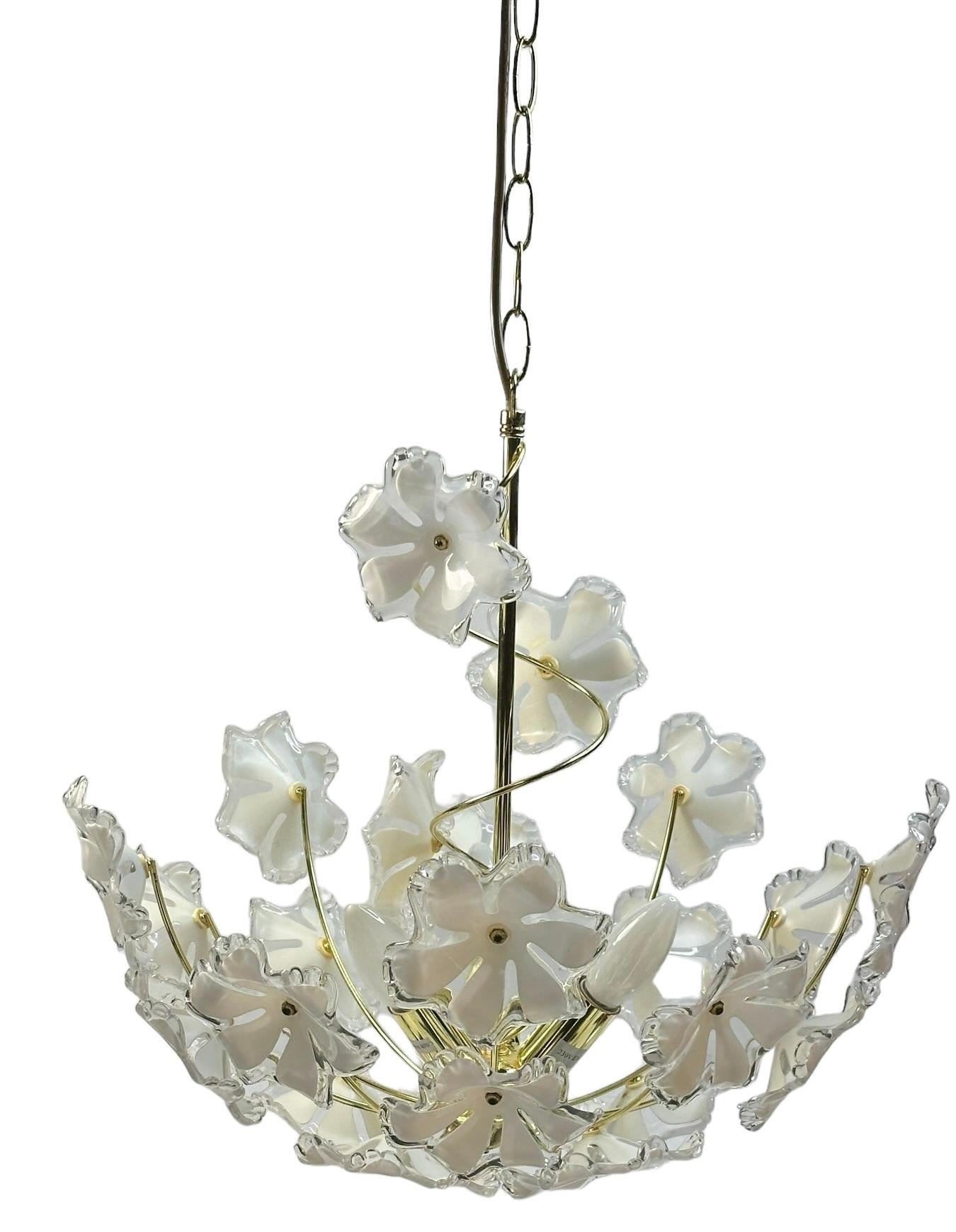 Metal Elegant Vintage Chandelier White Lucite Flowers, Eglo Leuchten Austria 1970s For Sale