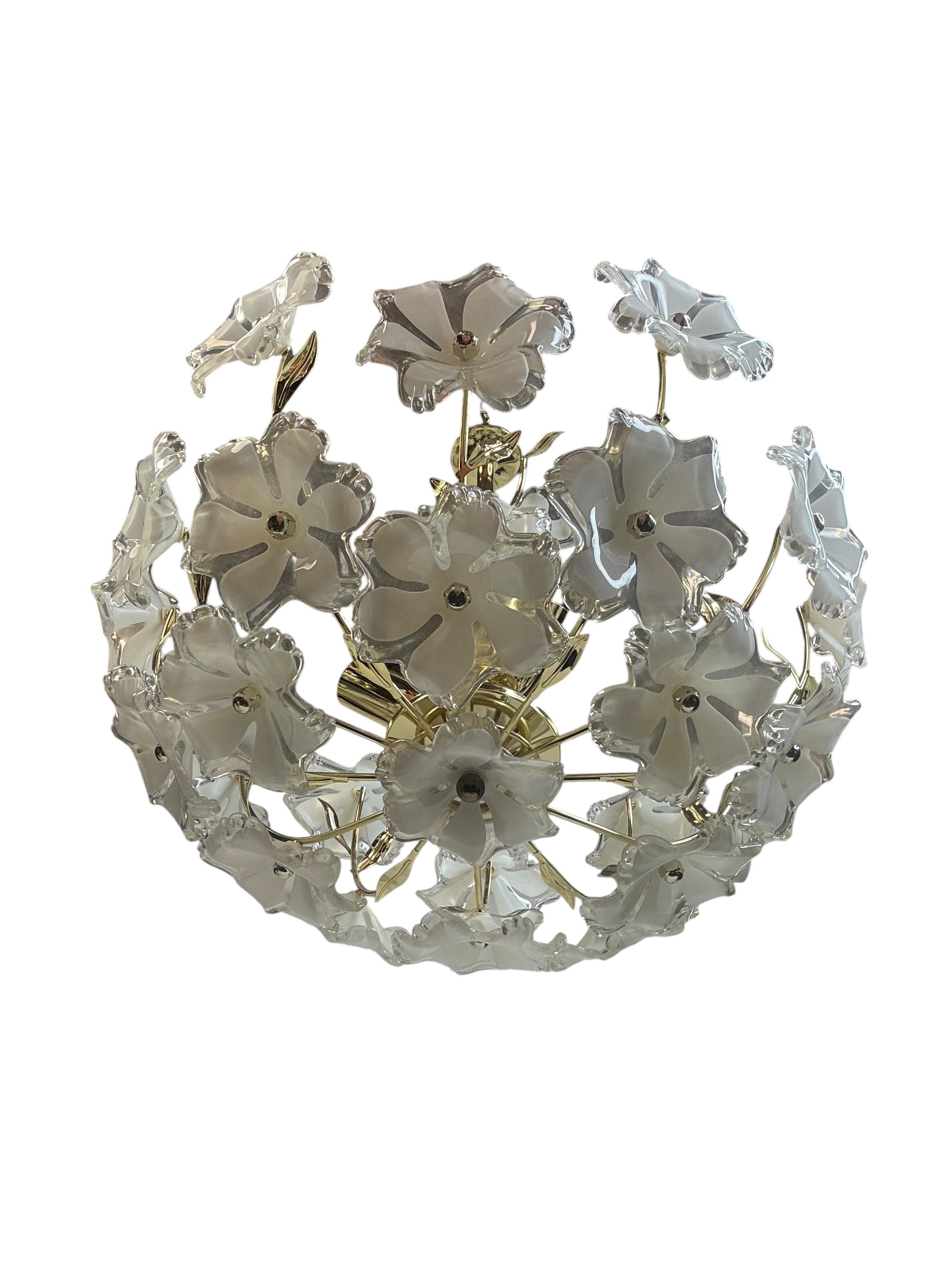 Metal Elegant Vintage Chandelier White Lucite Flowers, Eglo Leuchten Austria 1970s For Sale