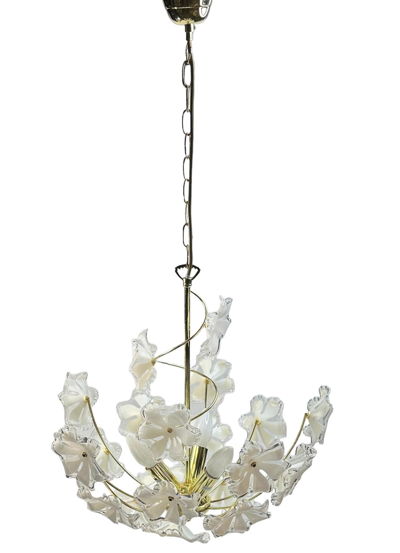 Metal Elegant Vintage Chandelier White Lucite Flowers, Eglo Leuchten Austria 1970s For Sale