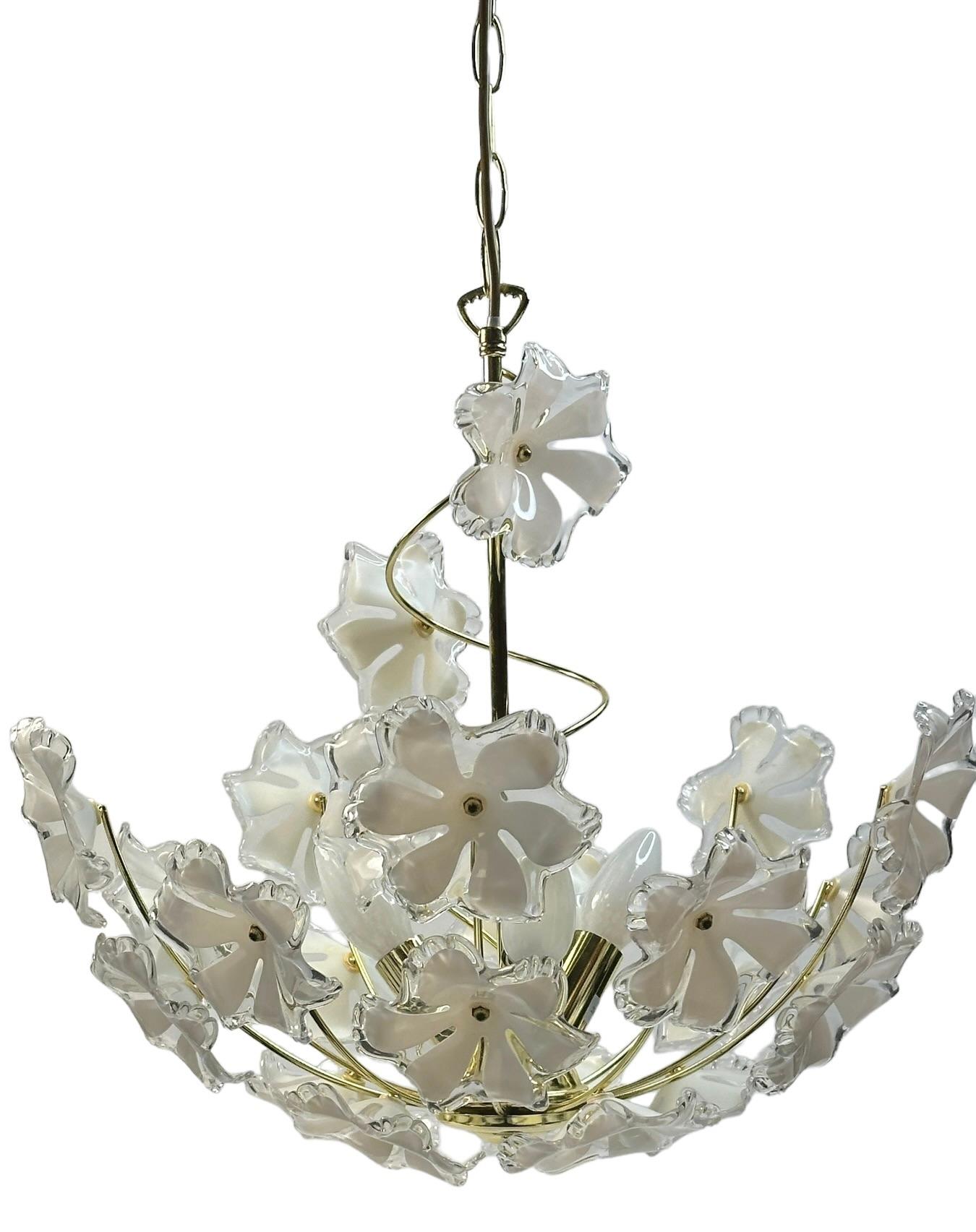 Elegant Vintage Chandelier White Lucite Flowers, Eglo Leuchten Austria 1970s For Sale 1