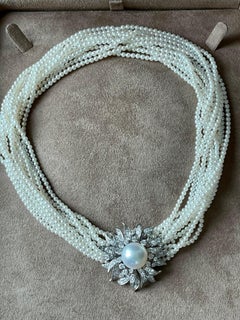 Elegant Vintage Cultured Pearl Diamond Necklace Meister Zurich