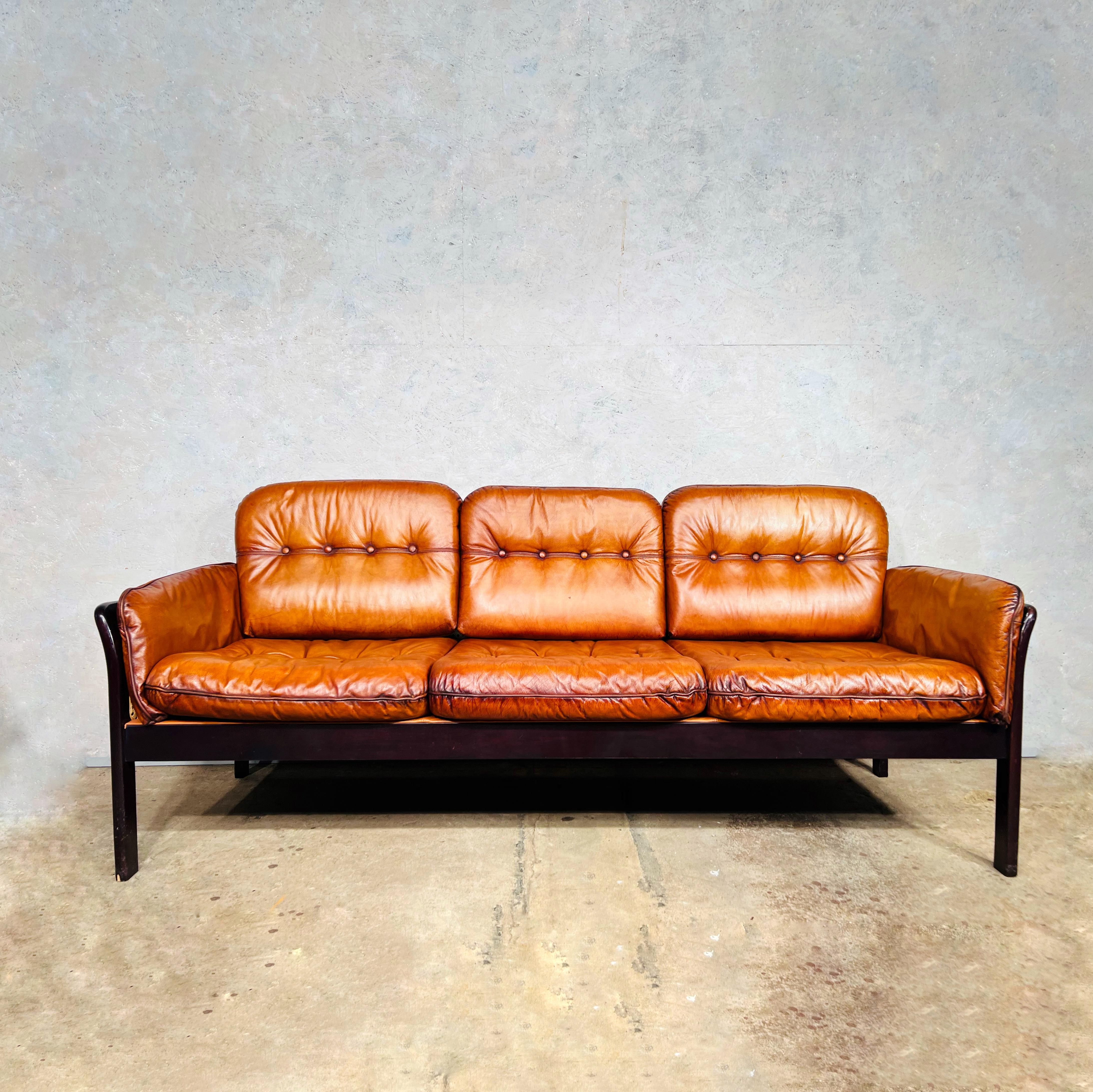 Elegant Vintage Danish 1970s Tan Three Seater Leather Sofa Cane Sides 728 For Sale at 1stDibs