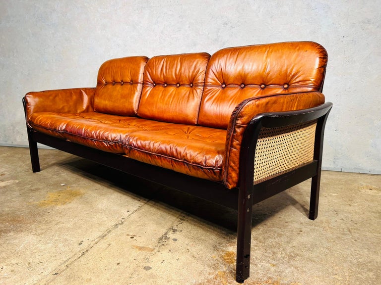 Elegant Vintage Danish 1970 s Tan Three Seater Leather Sofa Cane Sides 728 For Sale at 1stDibs
