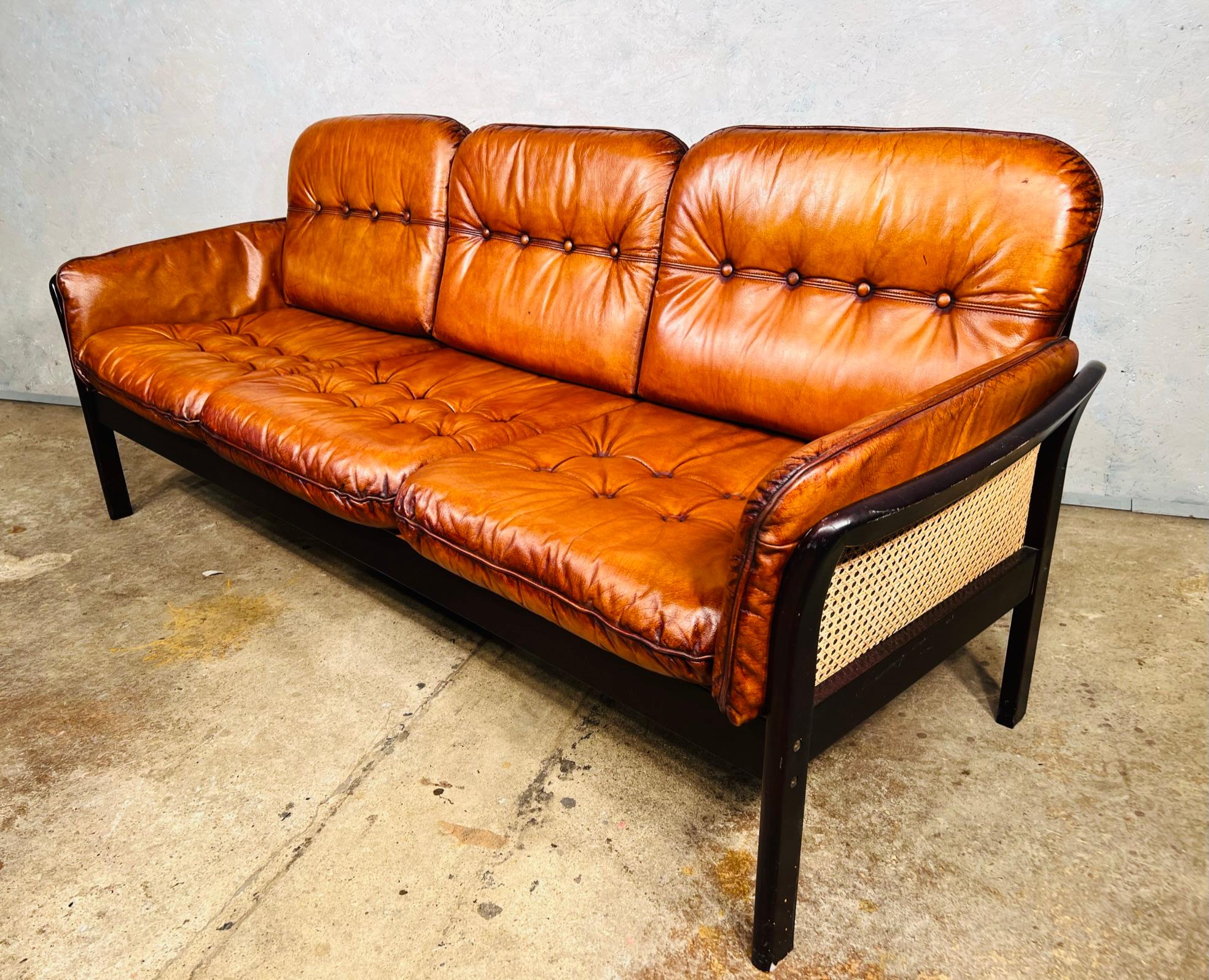 Elegant Vintage Danish 1970s Tan Three Seater Leather Sofa Cane Sides 728 For Sale at 1stDibs