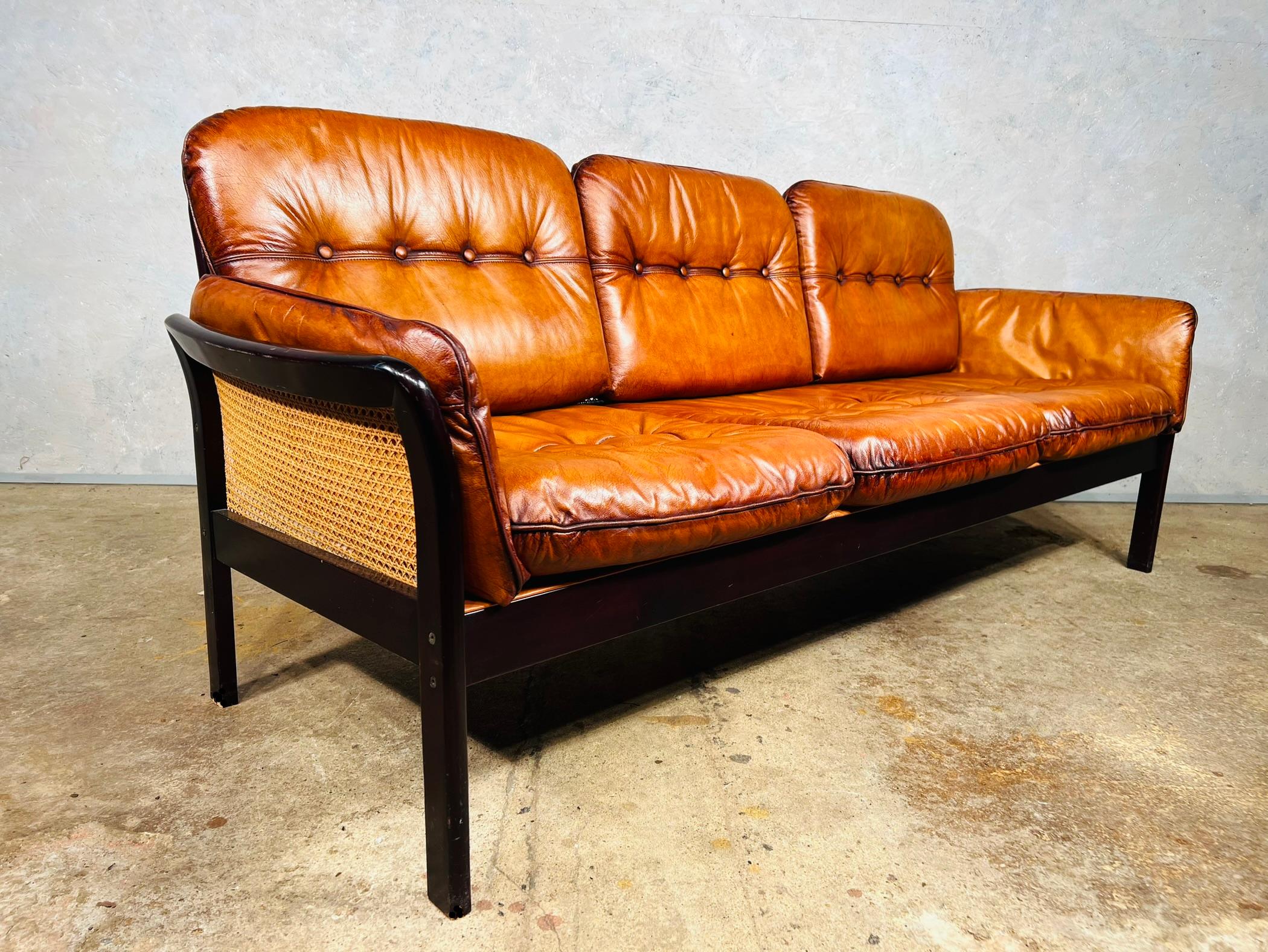 Elegant Vintage Danish 1970s Tan Three Seater Leather Sofa Cane Sides